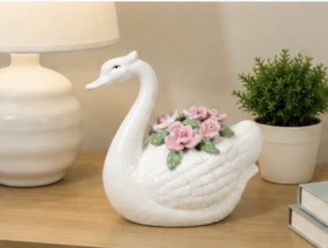 Fine Ceramic The Lucky Swan Decorative Ceramic Figurine with Pink Flowers