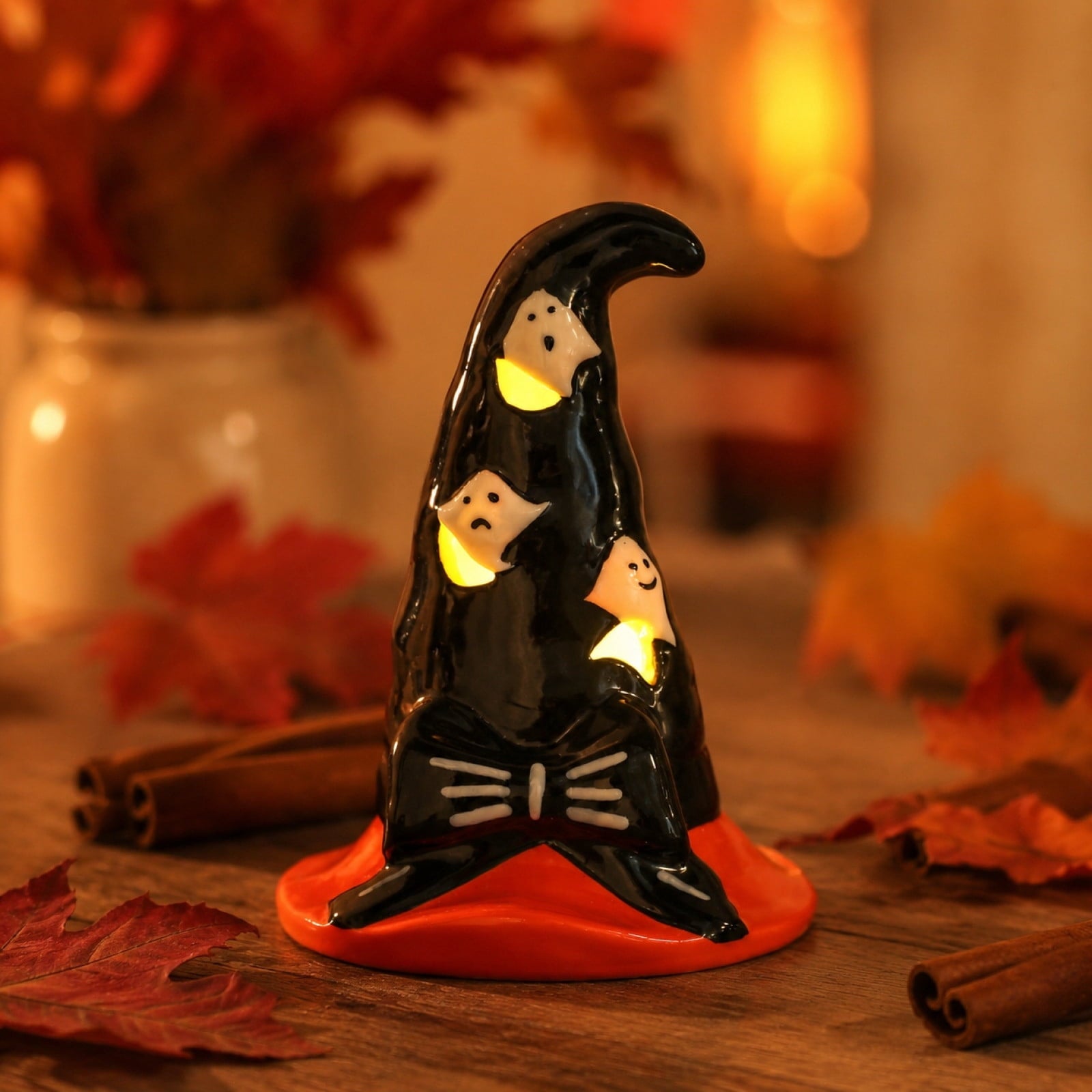 Halloween Ceramic Pumpkin Night Light 4.9 in Witch Hat Light Up Figurine, Hollow LED Tabletop Decor for Mantel Shelf Desk