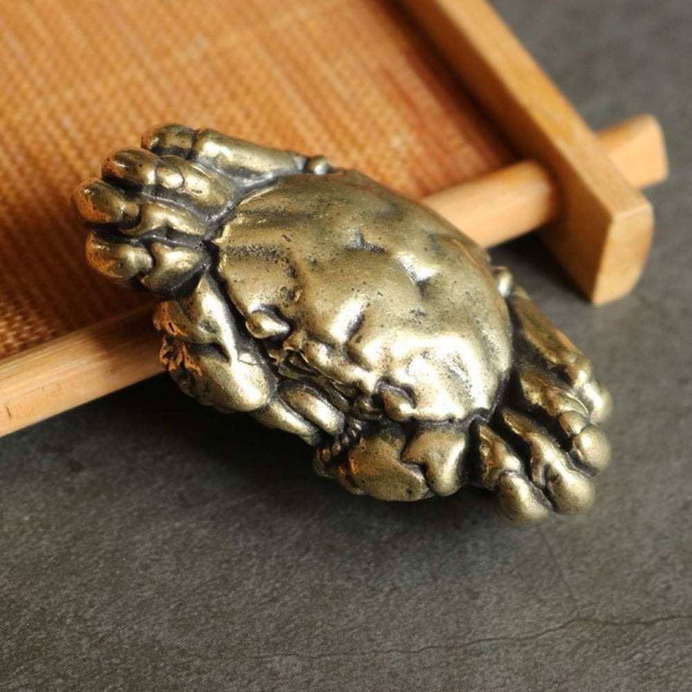 Solid Brass Crab Figurine Gold Plated Chinese Style Tea Pet Desk Decor