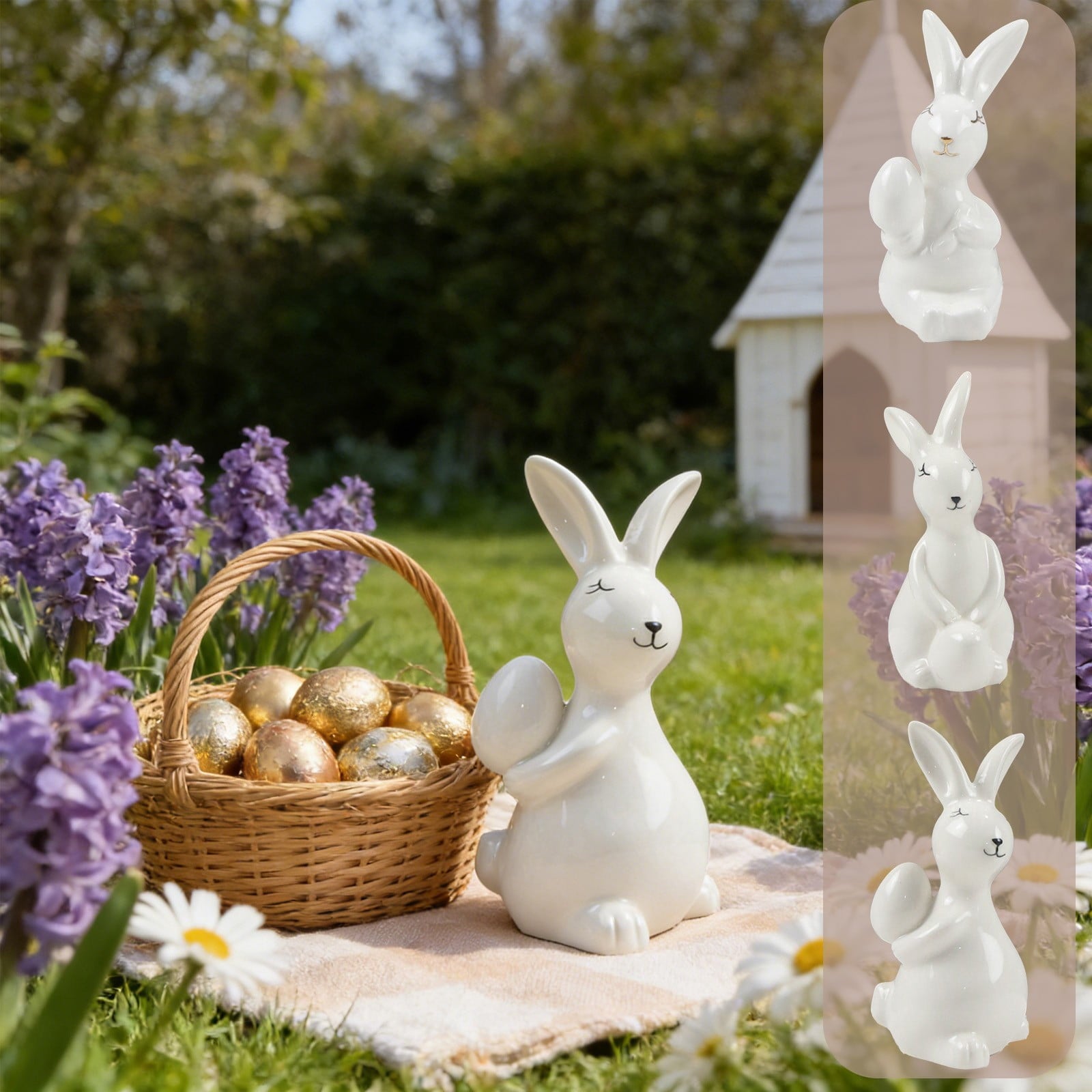 Ceramic Easter Bunny Figurine with Egg, White Spring Home Decor for Tabletop, Cute Rabbit Ornament for Holiday Shelf Decorations