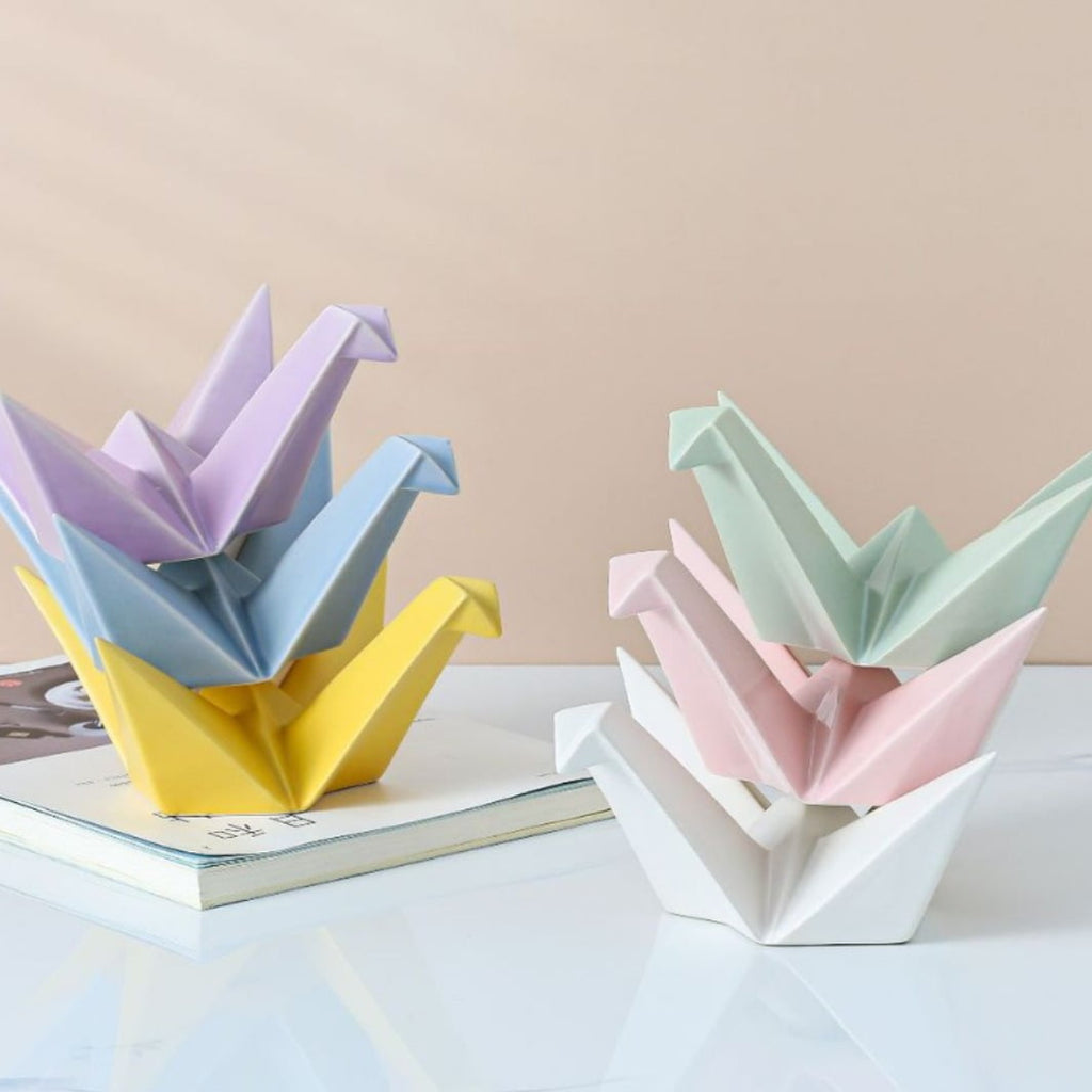 Ceramic Origami Crane Figurine Statue Handcrafted Crane Shaped Statue for Home Decor Ornament - Pink