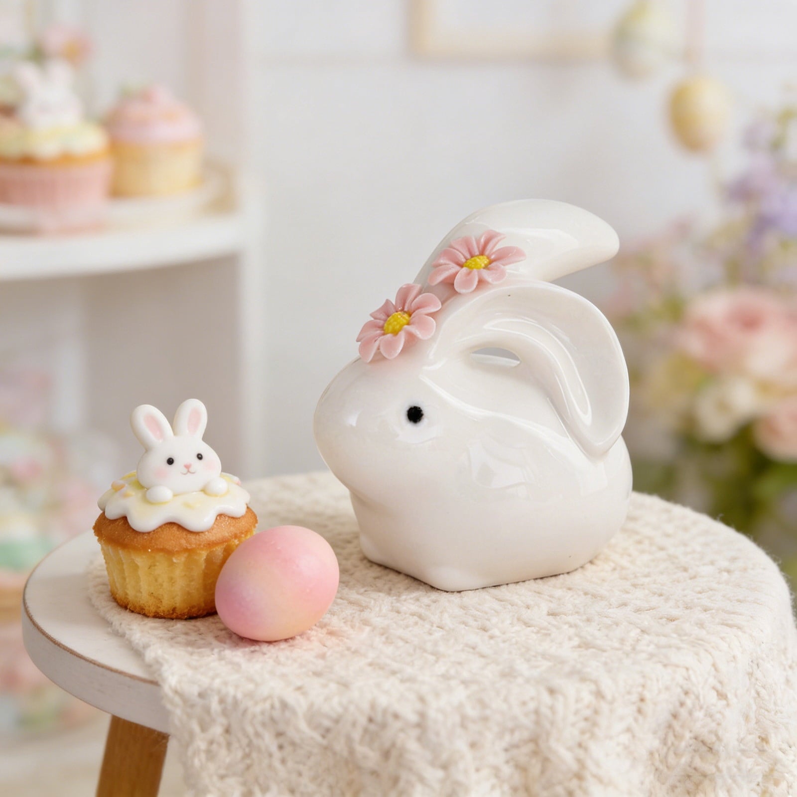 Easter Decorations Ceramic Bunny Figurine, White Rabbit Ornament for Spring Home Accent, Cute Shelf Decor for Living Room Tabletop Centerpiece