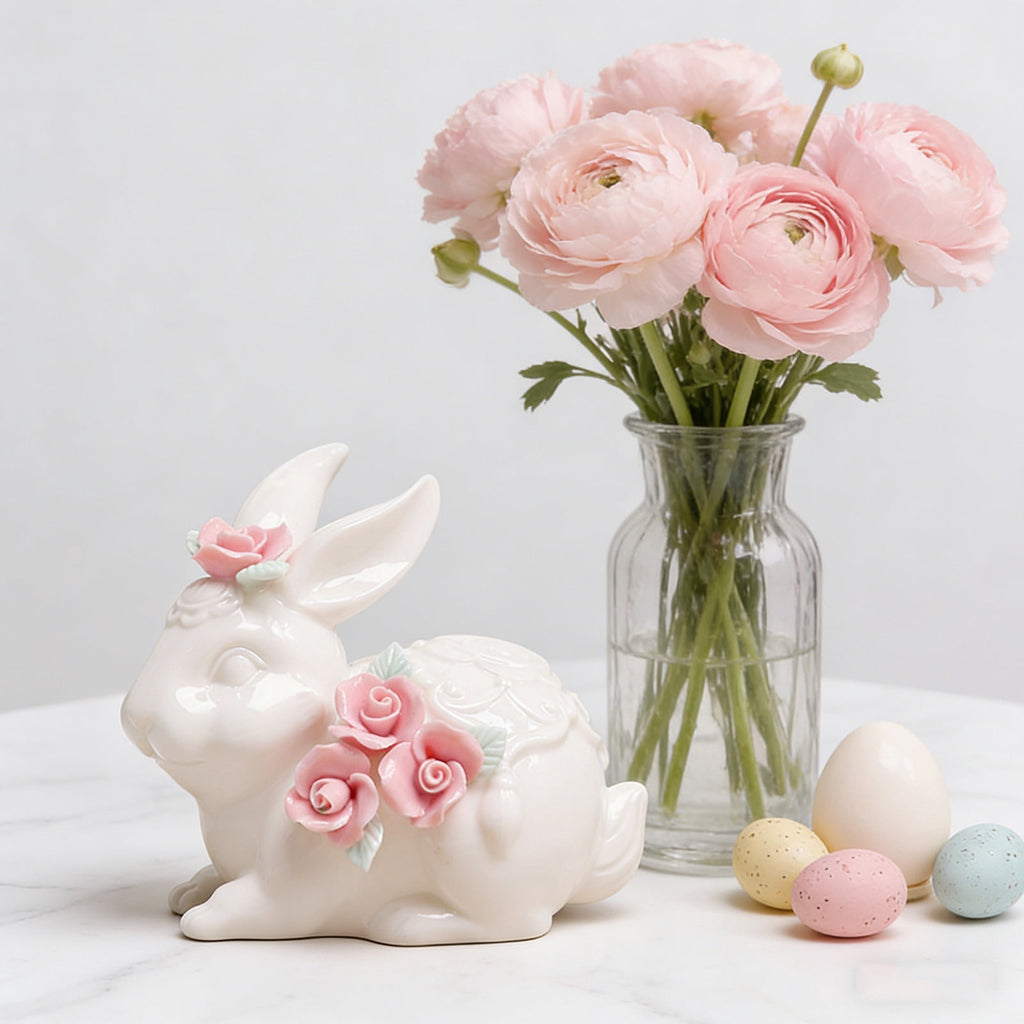 Easter Decorations Ceramic Bunny Figurine, White Rabbit Ornament for Spring Home Accent, Cute Shelf Decor for Living Room Tabletop Centerpiece