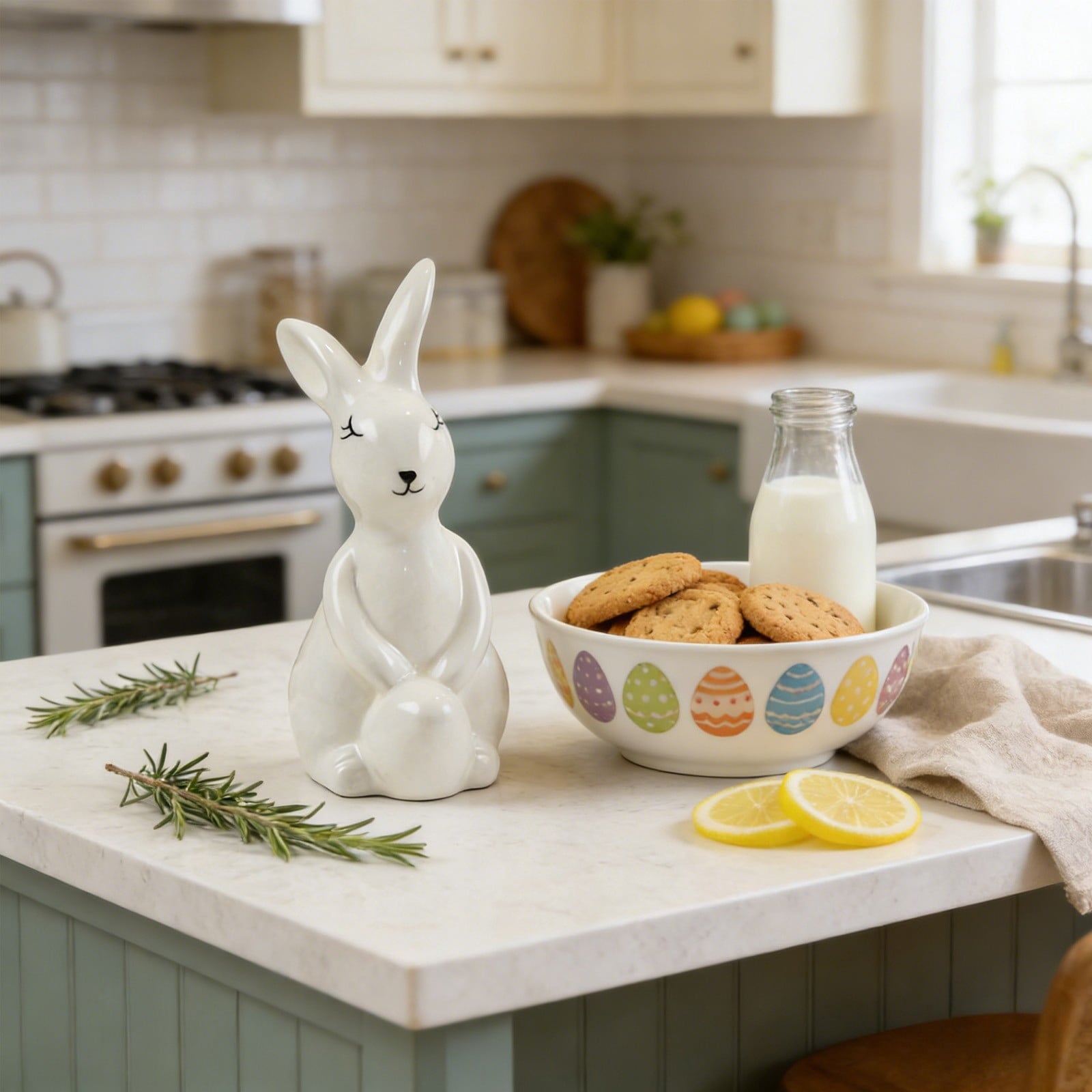 Ceramic Easter Bunny Figurine with Egg, White Spring Home Decor for Tabletop, Cute Rabbit Ornament for Holiday Shelf Decorations