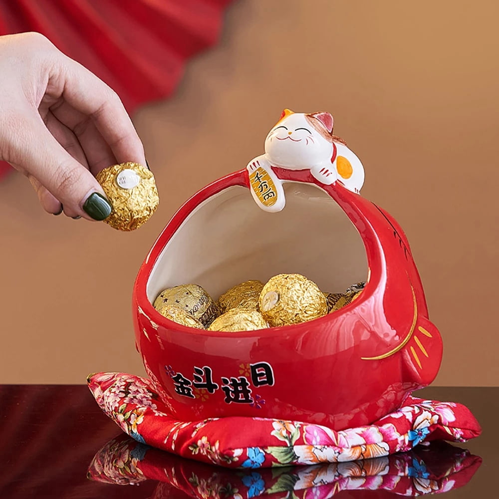 Ceramic Candy Box Cute Storage Box Money Box Chinese Home Decor for Attract Wealth and Good Luck