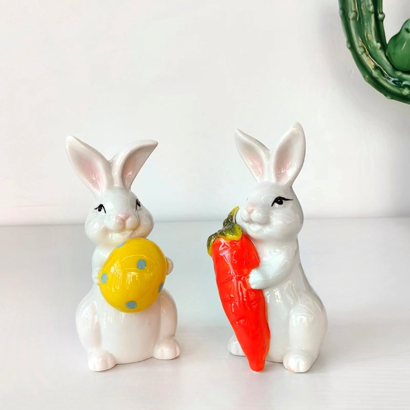 2Pcs Bunny Figurine, Easter Rabbits Decoration Cute Bunny Egg Ornaments, Collectible Sculpture Craft for Home Office Easter Day Decor