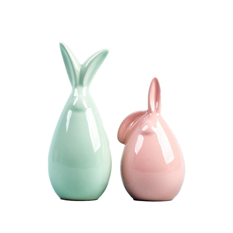 2Pcs Ceramic Bunnies Easter Bunny Figurine Ornaments Ceramic Rabbit Egg Crafts for Home Decor and Seasonal Decoration