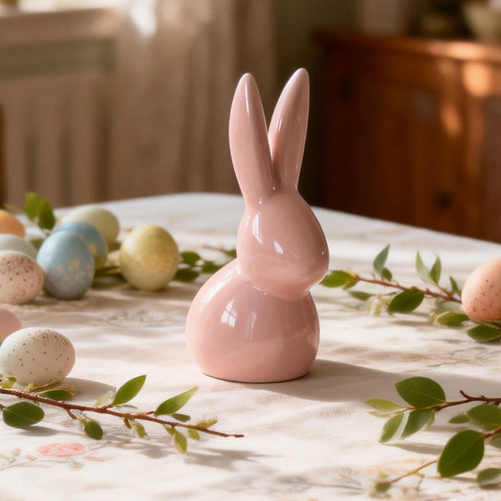 Easter Decorations Ceramic Bunny Figurine, White and Pink Rabbit Statue for Home Accents, Spring Table Centerpiece or Shelf Decor