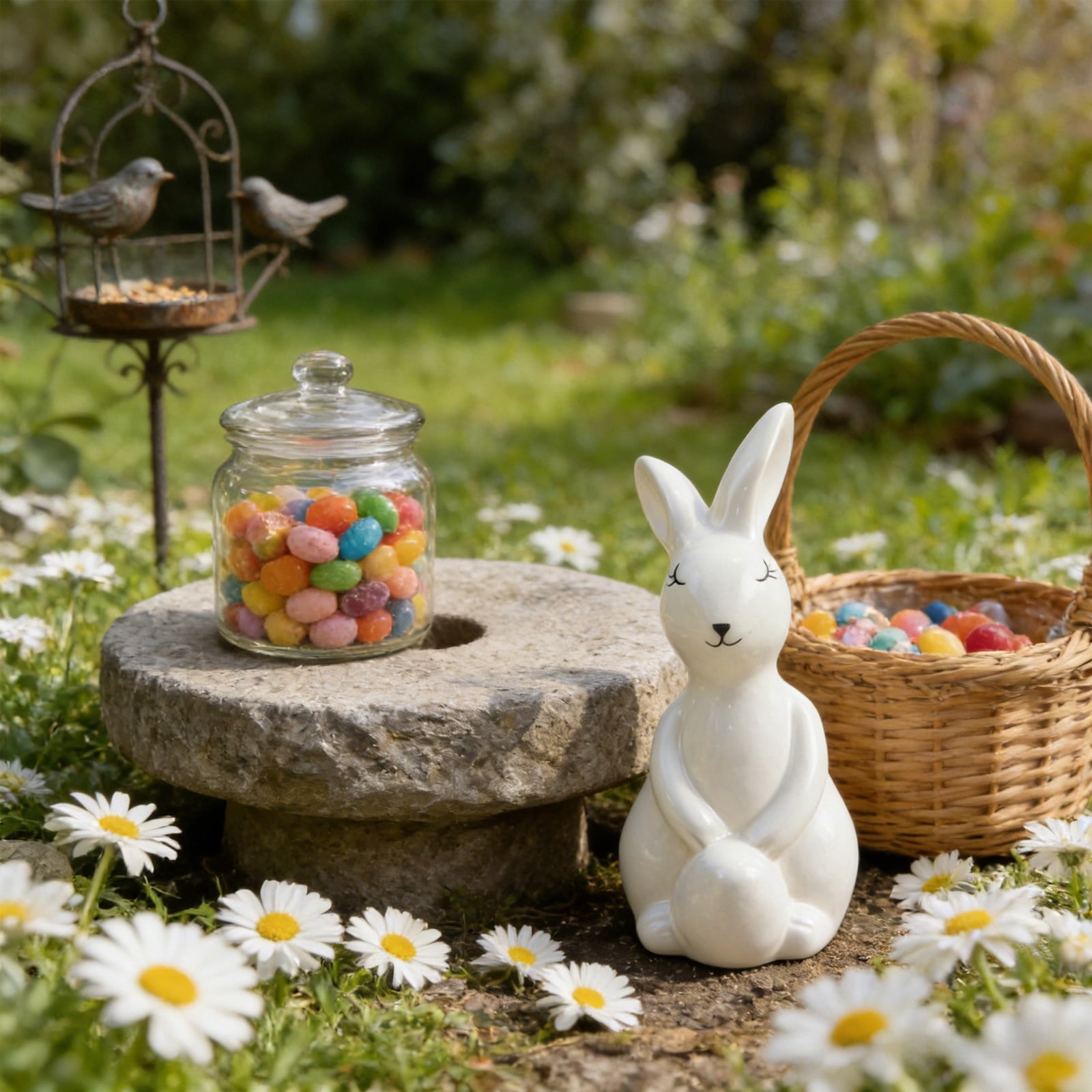 Ceramic Easter Bunny Figurine with Egg, White Spring Home Decor for Tabletop, Cute Rabbit Ornament for Holiday Shelf Decorations