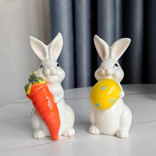 2Pcs Bunny Figurine, Easter Rabbits Decoration Cute Bunny Egg Ornaments, Collectible Sculpture Craft for Home Office Easter Day Decor