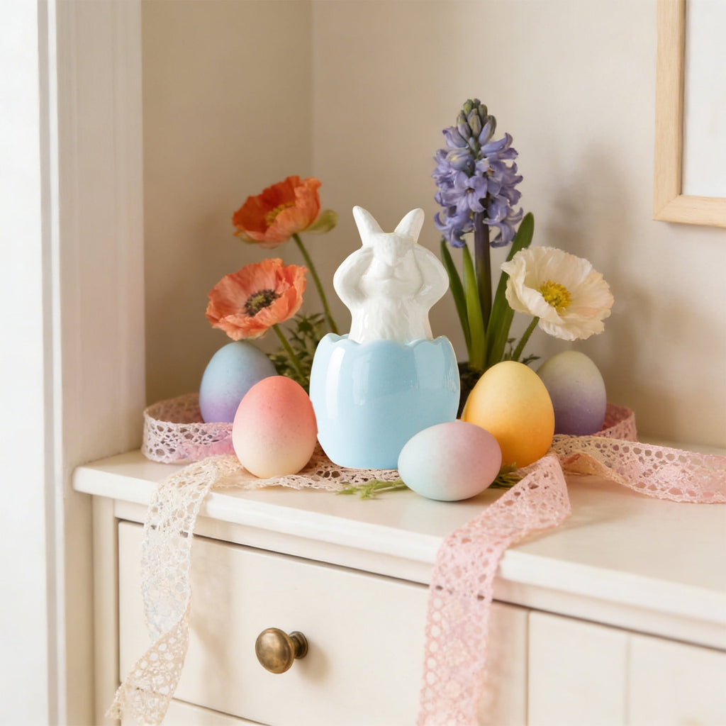 Blue Ceramic Bunny Figurine, Easter Decorations for Home, Spring Rabbit Statue for Table Mantel Shelf, Cute Pastel Easter Gift