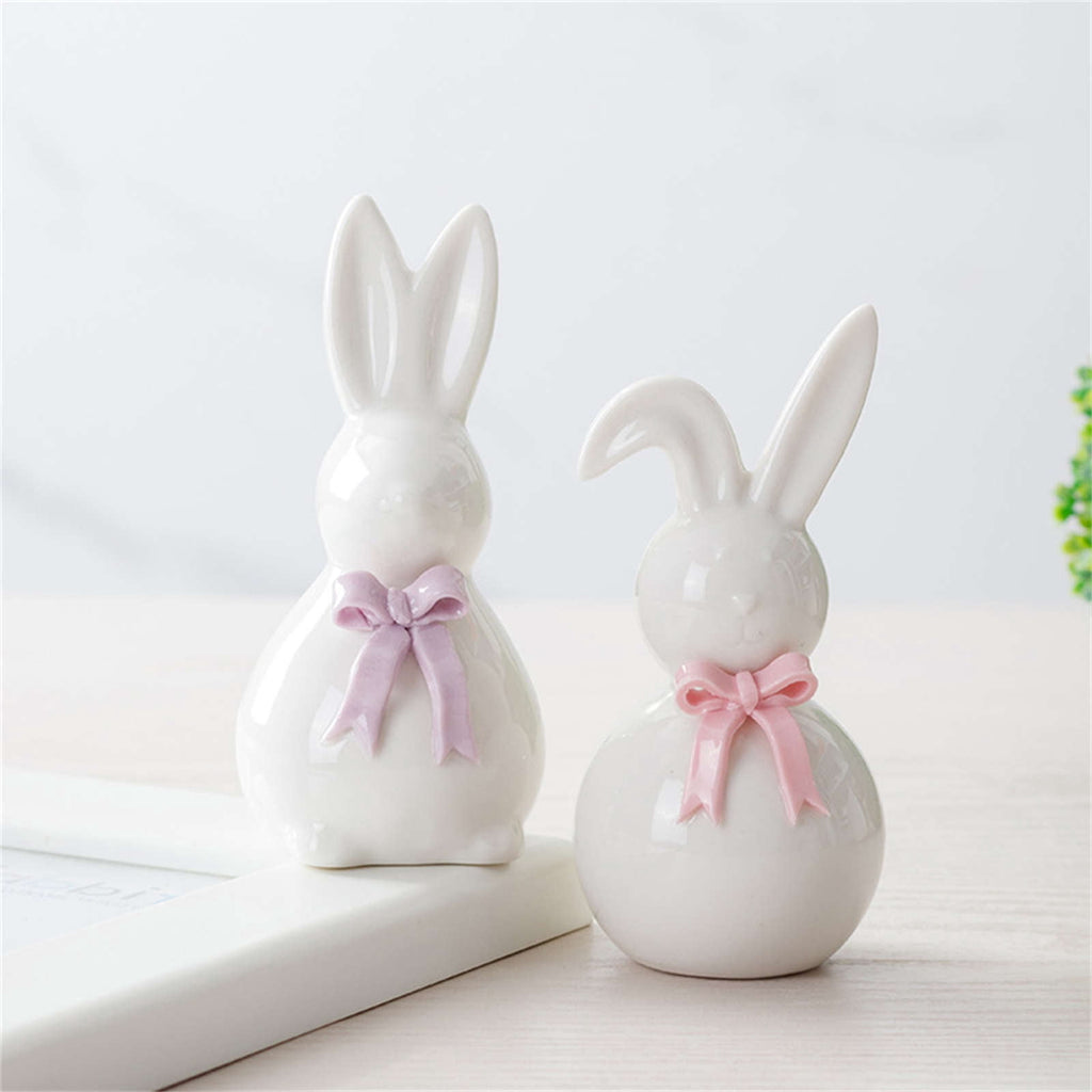 Ceramic Rabbit Figurines Set of 2, Easter Bunny Decor with Bow for Home Accent, Purple & Pink Spring Table Decorations
