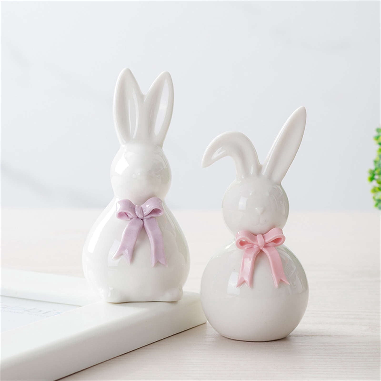 Ceramic Rabbit Figurines Set of 2, Easter Bunny Decor with Bow for Home Accent, Purple & Pink Spring Table Decorations