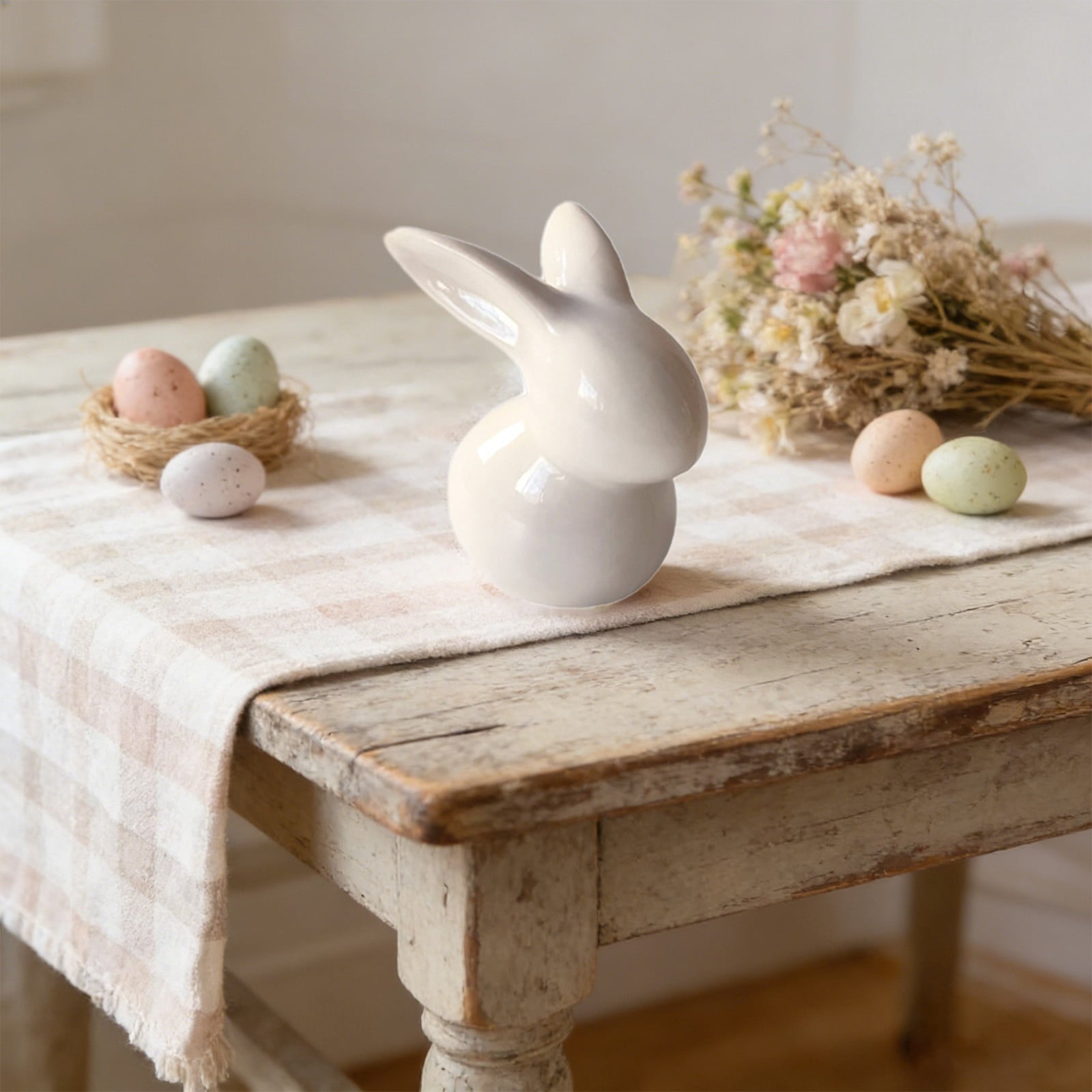 Easter Decorations Ceramic Bunny Figurine, White and Pink Rabbit Statue for Home Accents, Spring Table Centerpiece or Shelf Decor