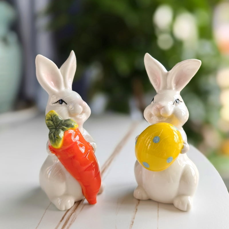 2Pcs Bunny Figurine, Easter Rabbits Decoration Cute Bunny Egg Ornaments, Collectible Sculpture Craft for Home Office Easter Day Decor