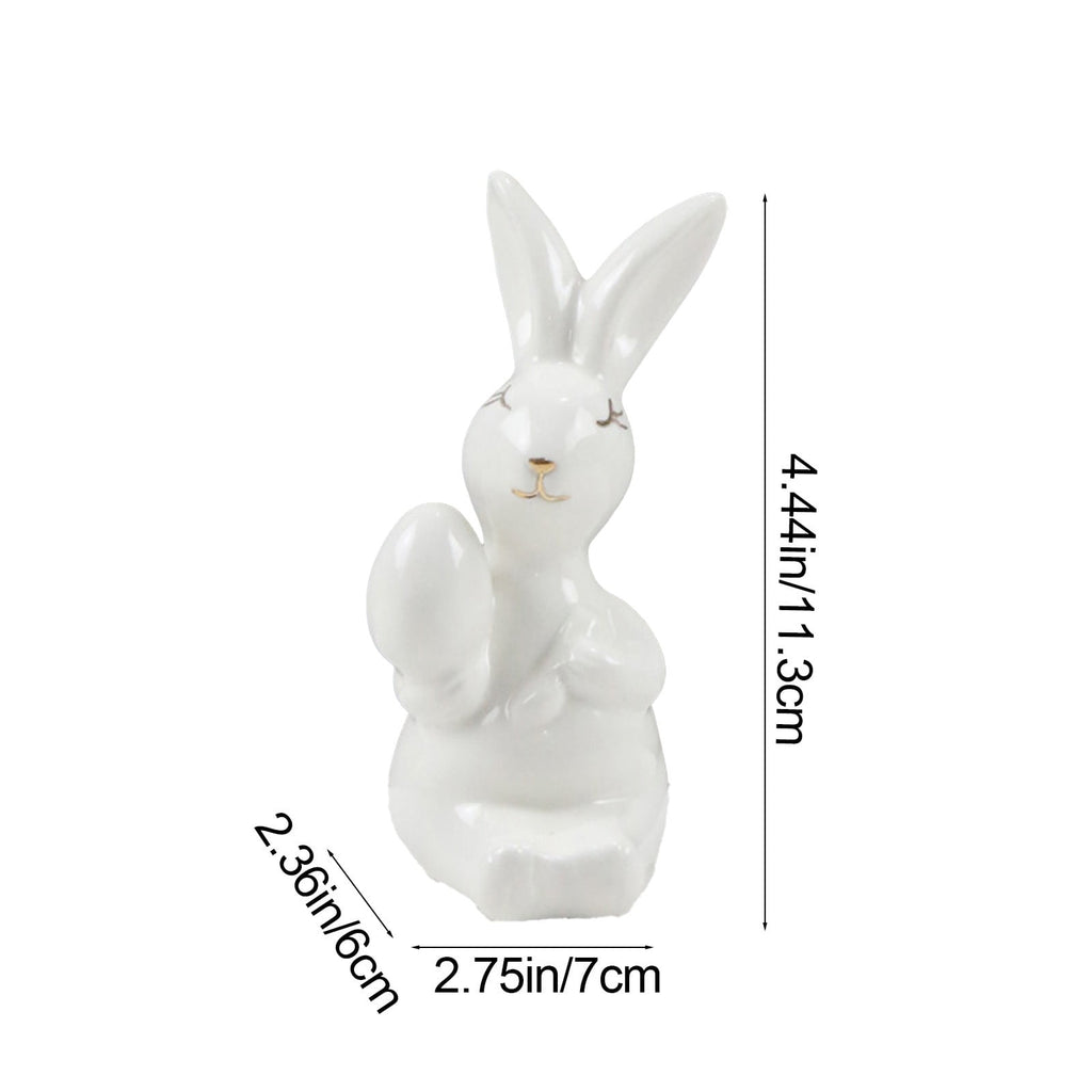 Ceramic Easter Bunny Figurine with Egg, White Spring Home Decor for Tabletop, Cute Rabbit Ornament for Holiday Shelf Decorations