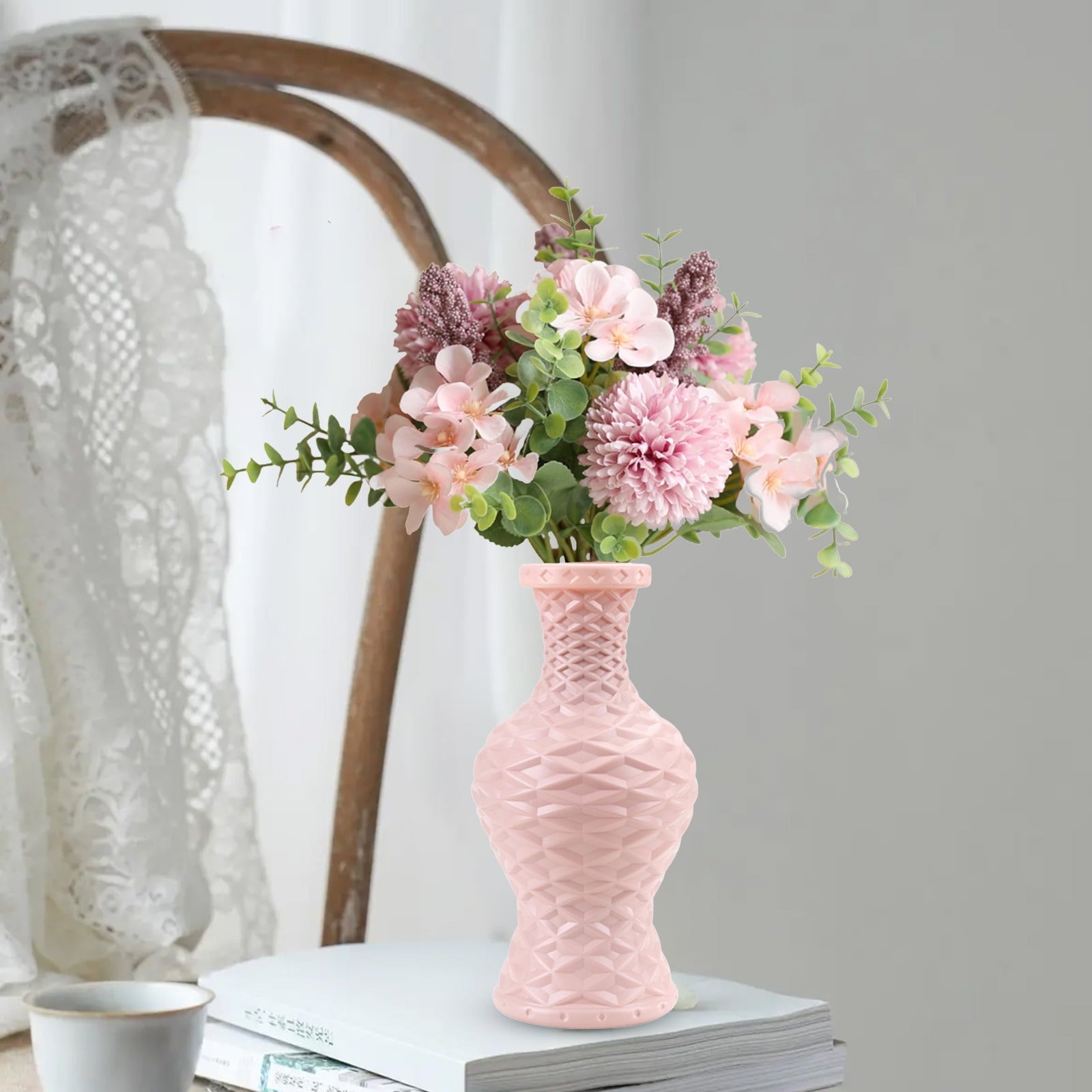 Plastic Flower Vase with Imitation Glazed Finish, 11 Inch Shatterproof Decorative Centerpiece for TV Cabinet and Living Room Styling