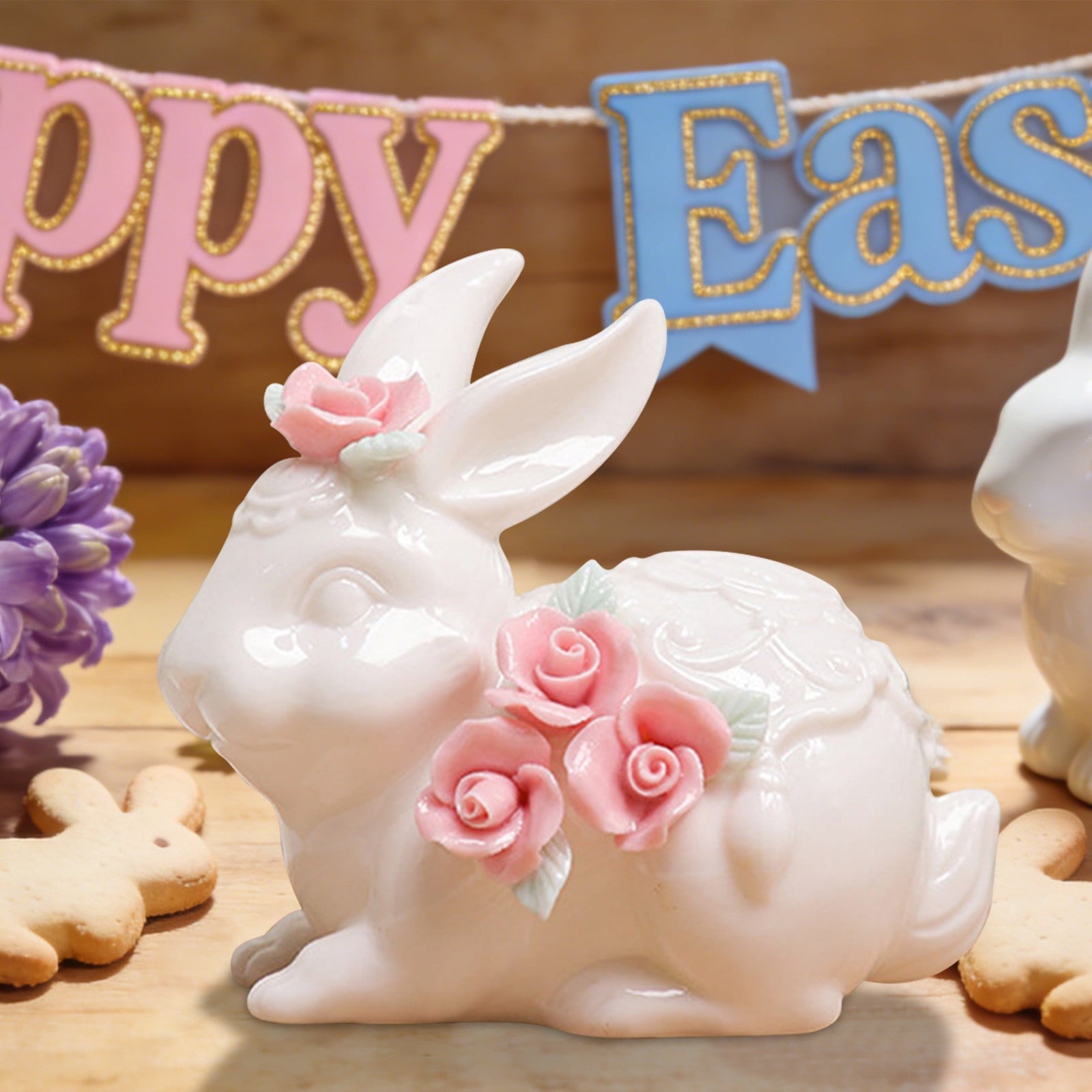 Easter Decorations Ceramic Bunny Figurine, White Rabbit Ornament for Spring Home Accent, Cute Shelf Decor for Living Room Tabletop Centerpiece