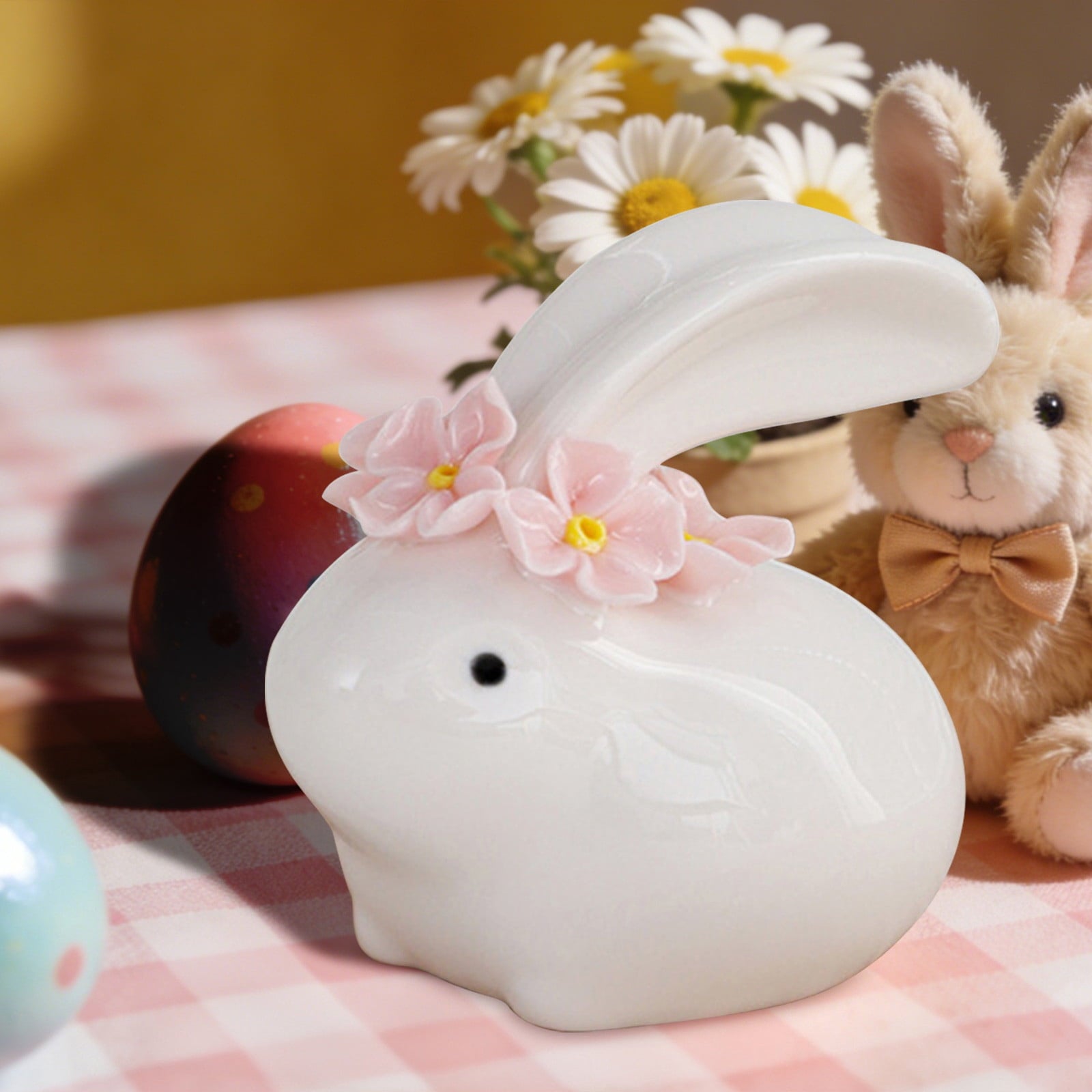 Easter Decorations Ceramic Bunny Figurine, White Rabbit Ornament for Spring Home Accent, Cute Shelf Decor for Living Room Tabletop Centerpiece