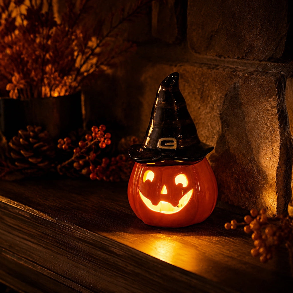 Halloween Ceramic Pumpkin Night Light 4.9 in Witch Hat Light Up Figurine, Hollow LED Tabletop Decor for Mantel Shelf Desk