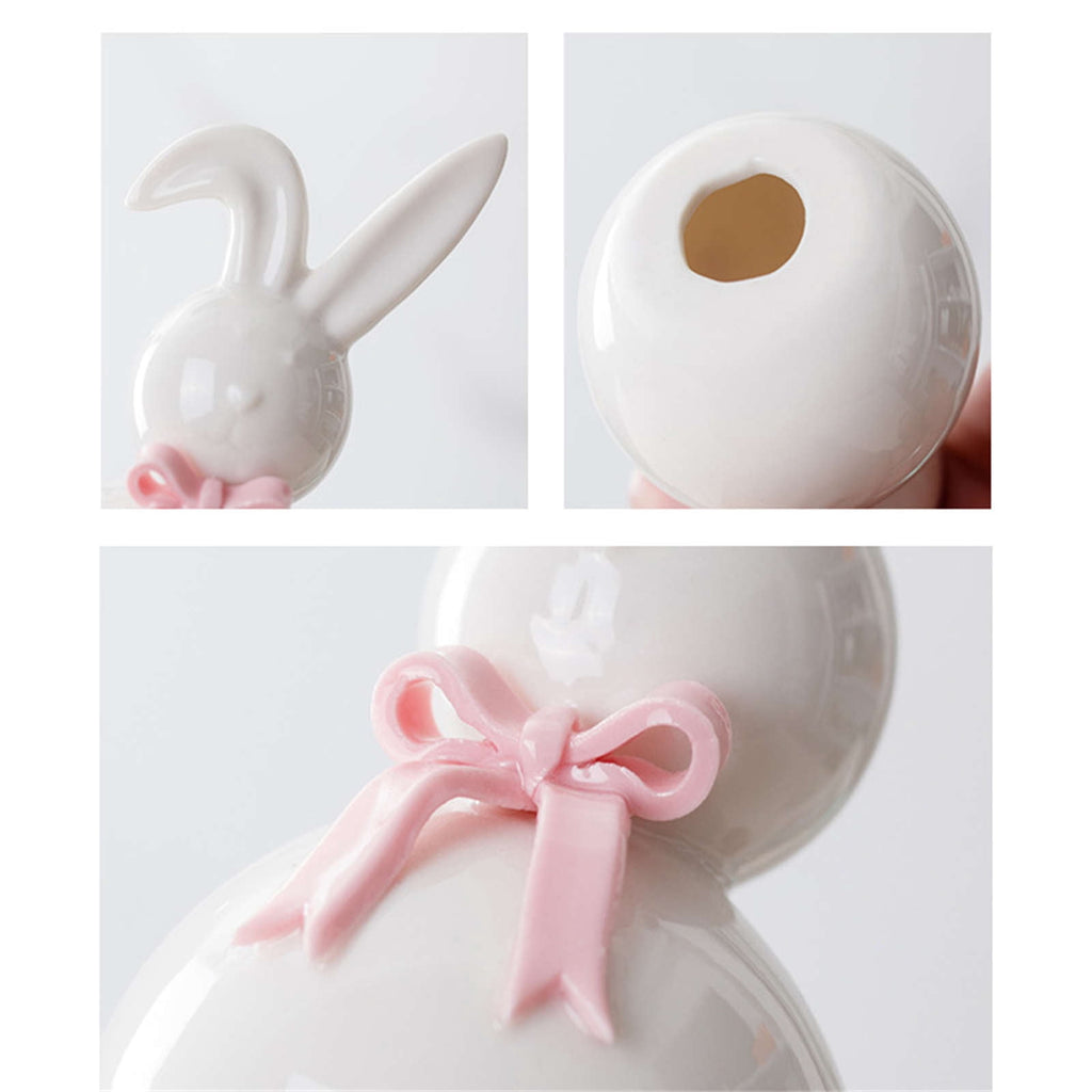Ceramic Rabbit Figurines Set of 2, Easter Bunny Decor with Bow for Home Accent, Purple & Pink Spring Table Decorations