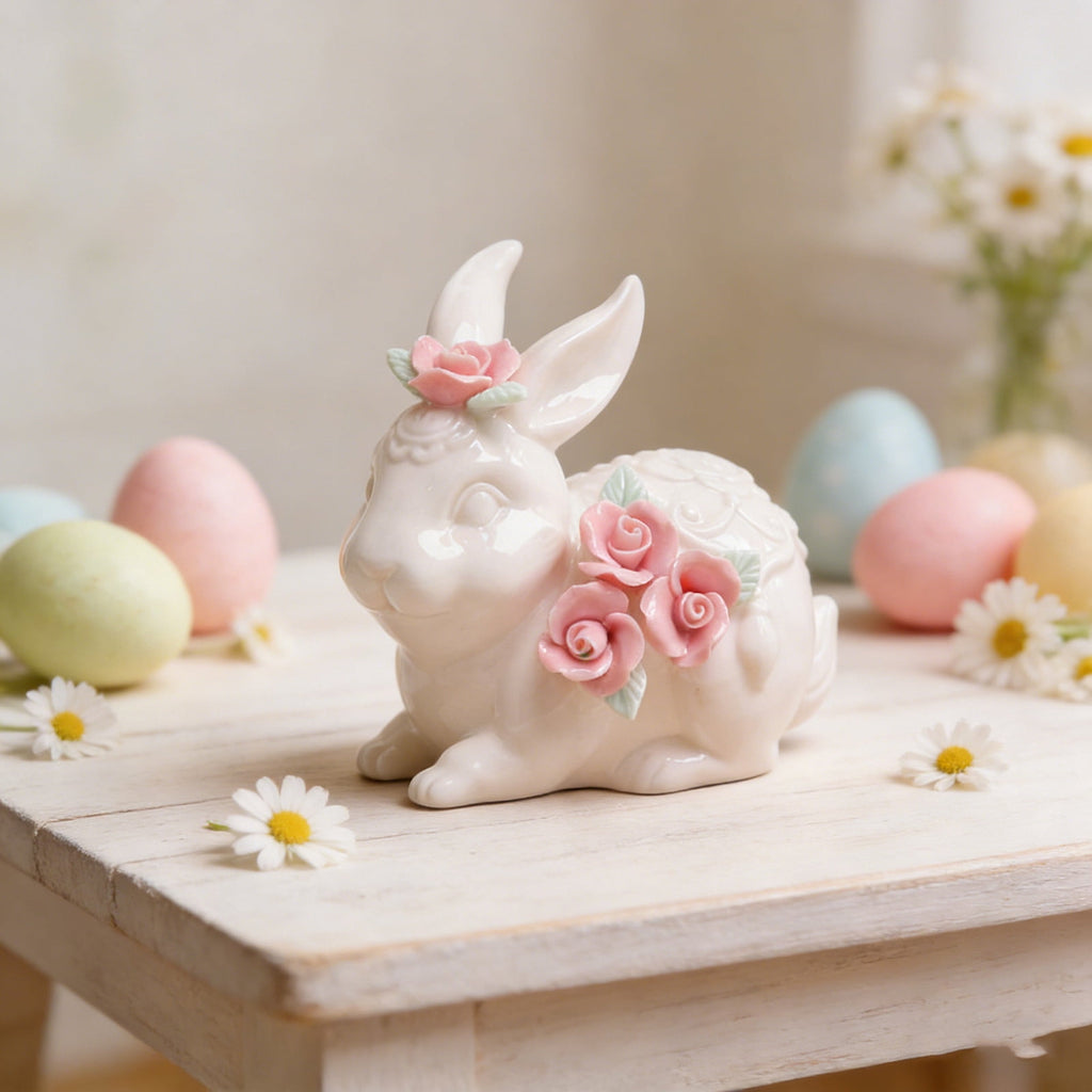 Easter Decorations Ceramic Bunny Figurine, White Rabbit Ornament for Spring Home Accent, Cute Shelf Decor for Living Room Tabletop Centerpiece