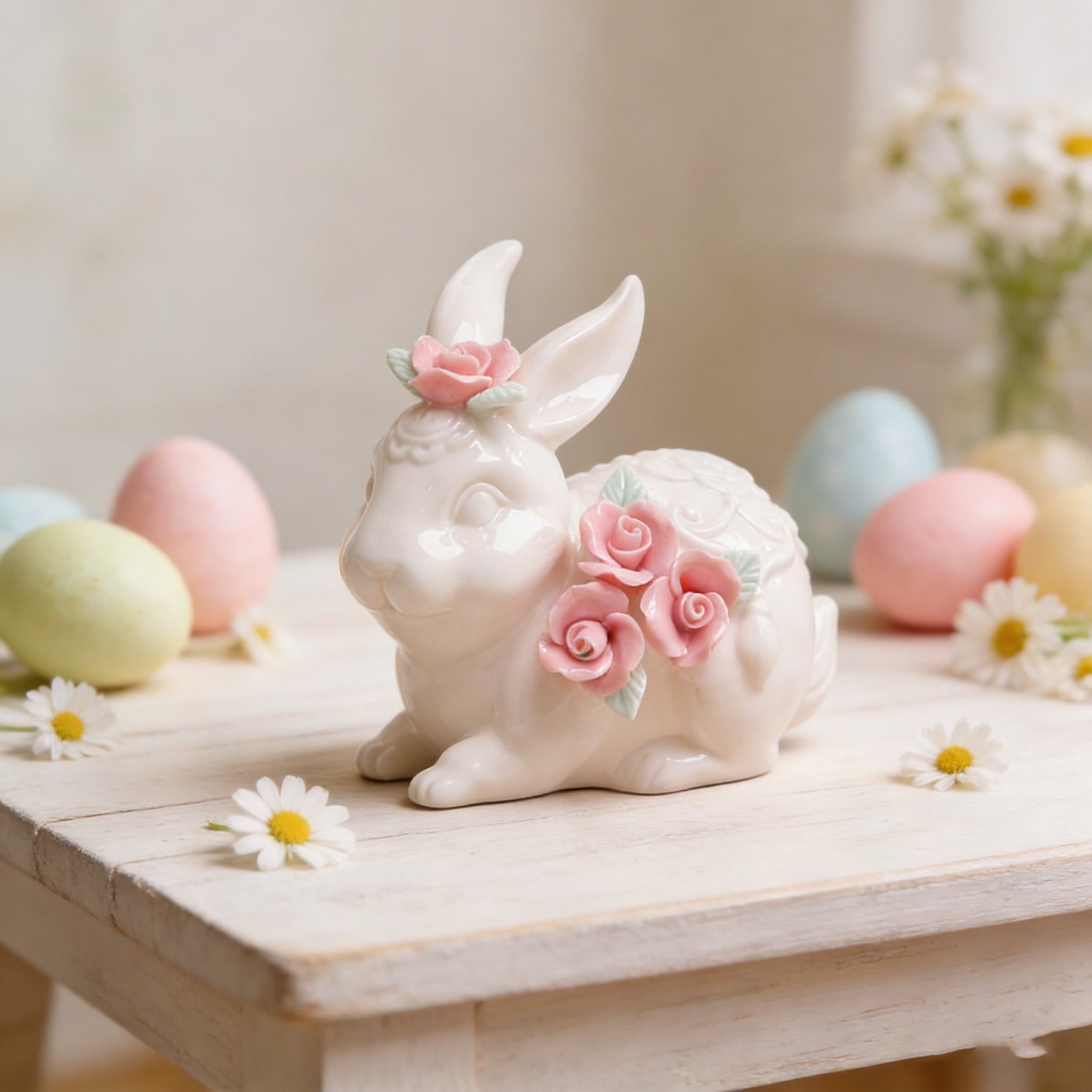 Easter Decorations Ceramic Bunny Figurine, White Rabbit Ornament for Spring Home Accent, Cute Shelf Decor for Living Room Tabletop Centerpiece