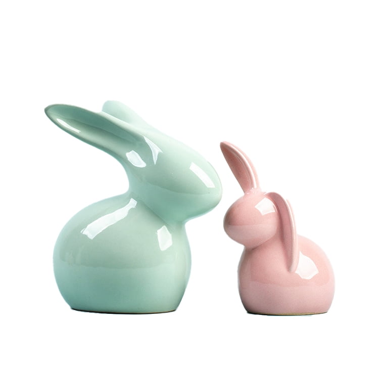 2Pcs Ceramic Bunnies Easter Bunny Figurine Ornaments Ceramic Rabbit Egg Crafts for Home Decor and Seasonal Decoration