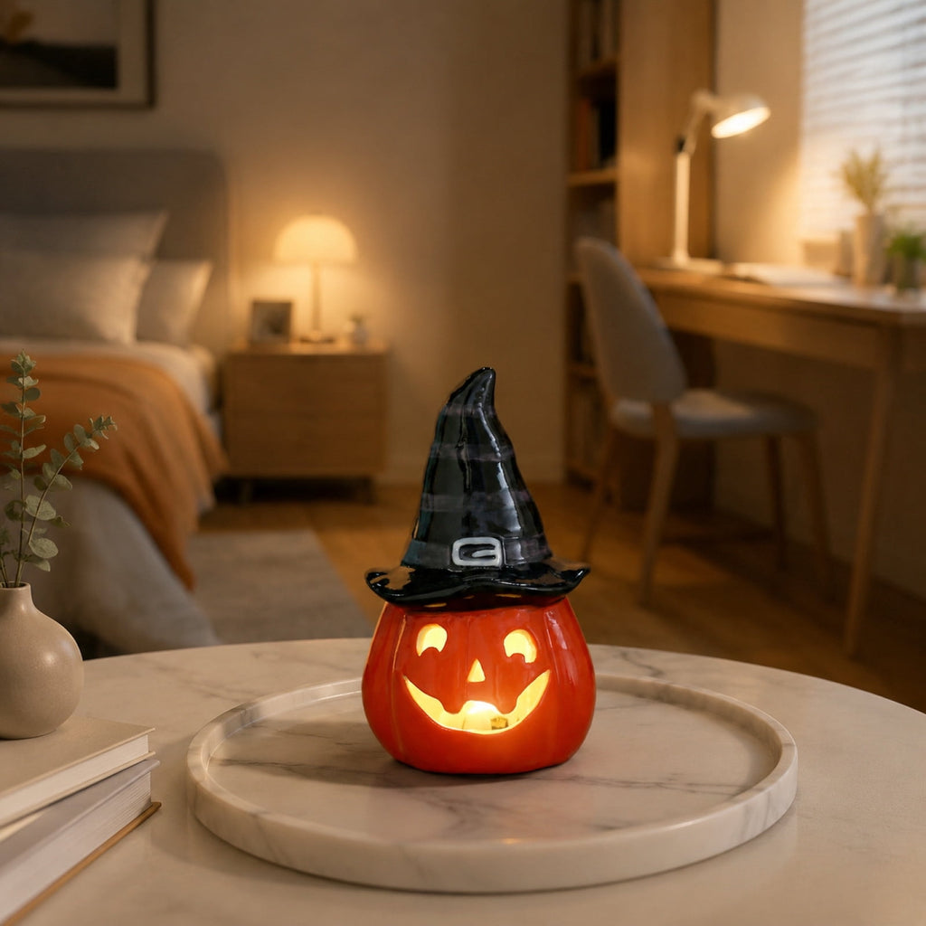 Halloween Ceramic Pumpkin Night Light 4.9 in Witch Hat Light Up Figurine, Hollow LED Tabletop Decor for Mantel Shelf Desk