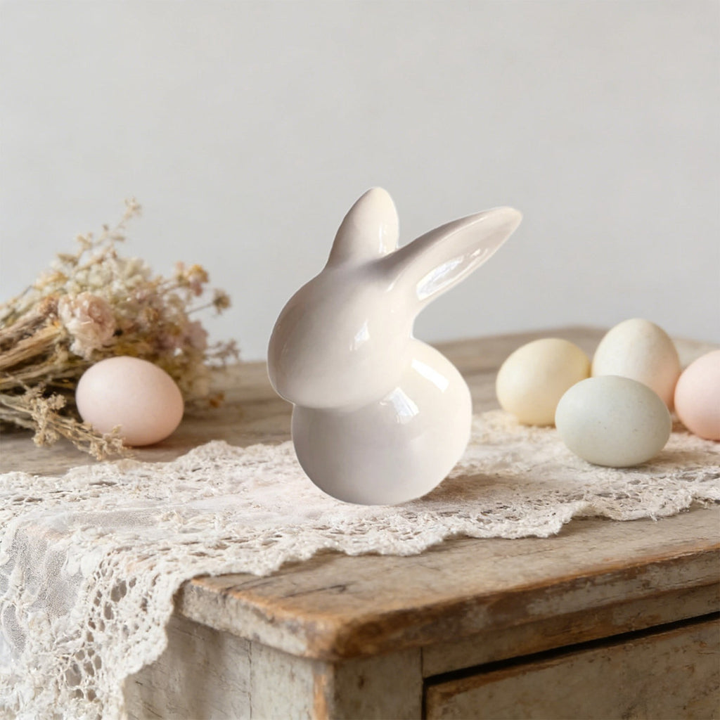 Easter Decorations Ceramic Bunny Figurine, White and Pink Rabbit Statue for Home Accents, Spring Table Centerpiece or Shelf Decor