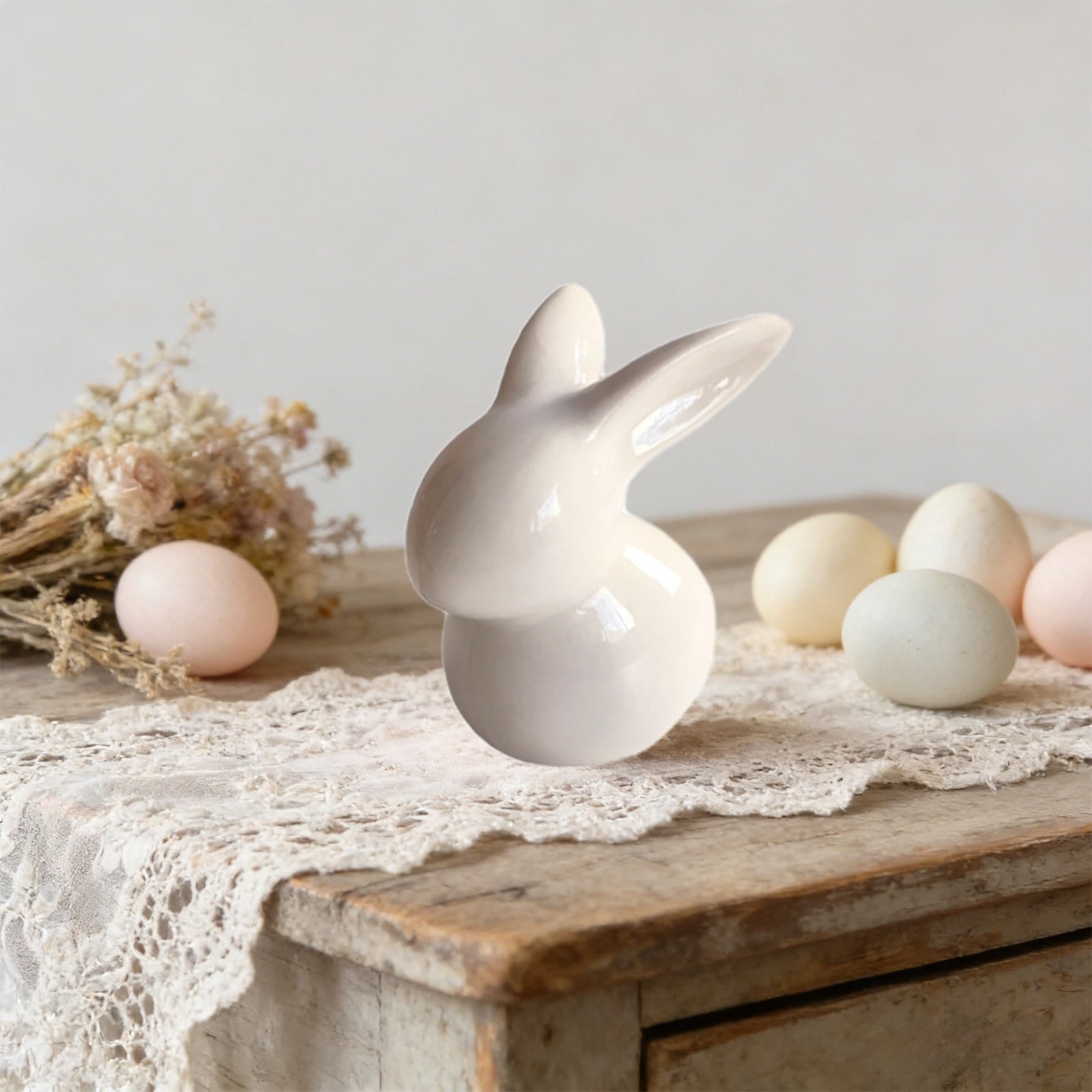 Easter Decorations Ceramic Bunny Figurine, White and Pink Rabbit Statue for Home Accents, Spring Table Centerpiece or Shelf Decor