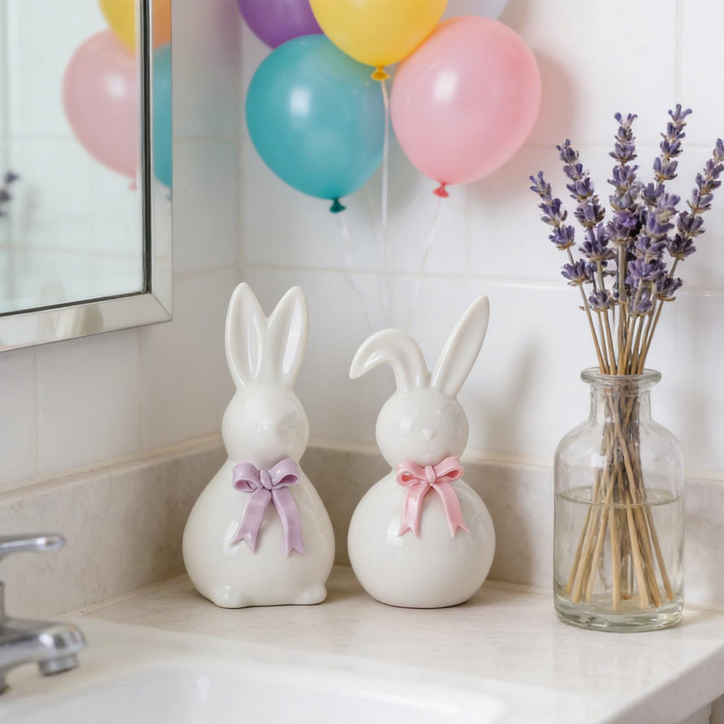 Ceramic Rabbit Figurines Set of 2, Easter Bunny Decor with Bow for Home Accent, Purple & Pink Spring Table Decorations