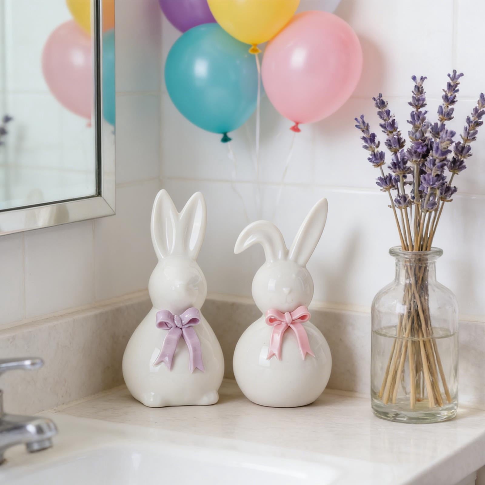 Ceramic Rabbit Figurines Set of 2, Easter Bunny Decor with Bow for Home Accent, Purple & Pink Spring Table Decorations