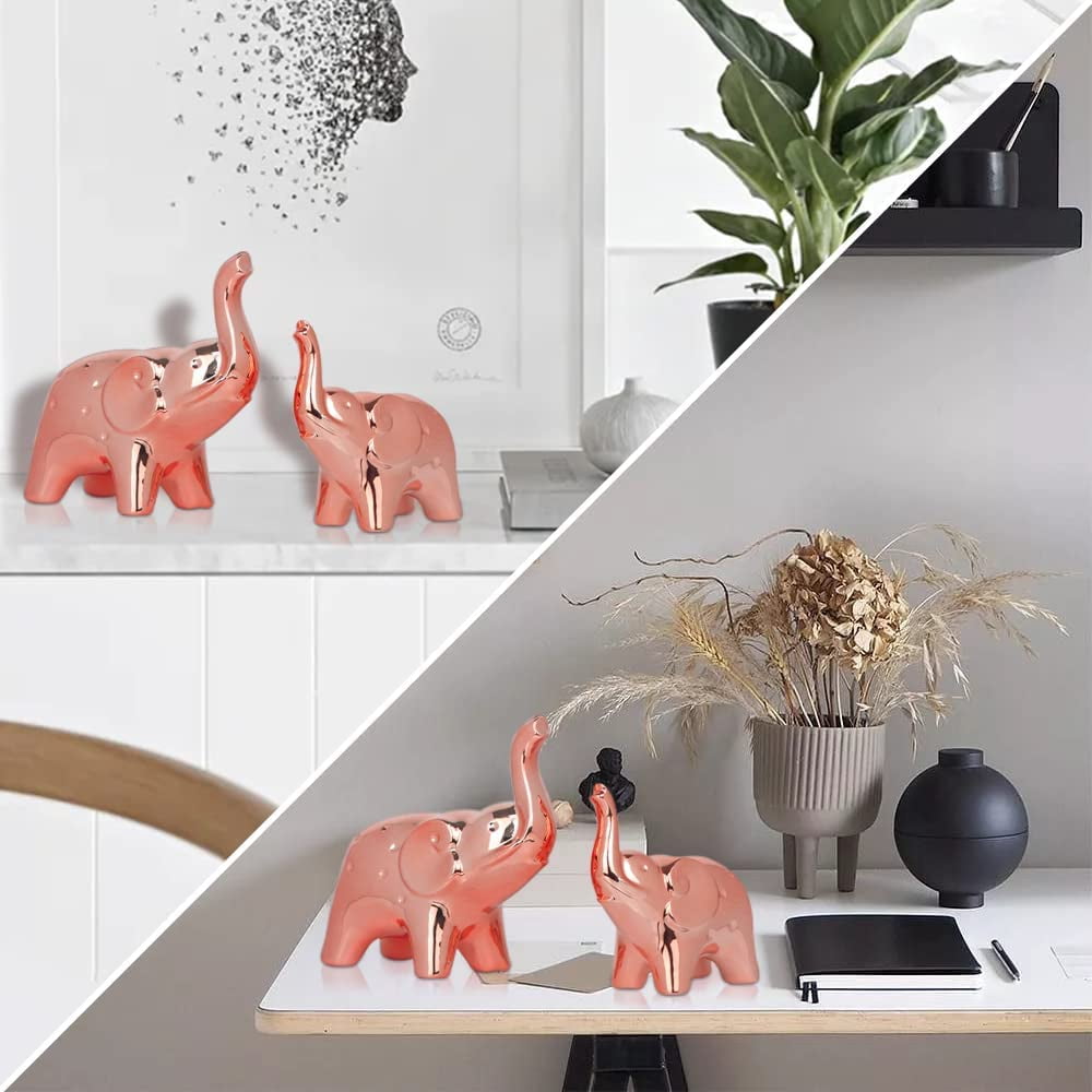 A Pair Elephant Statue Home Decor,Sculpture for Office Desktop Bookshelf (Ceramics Rose Gold)