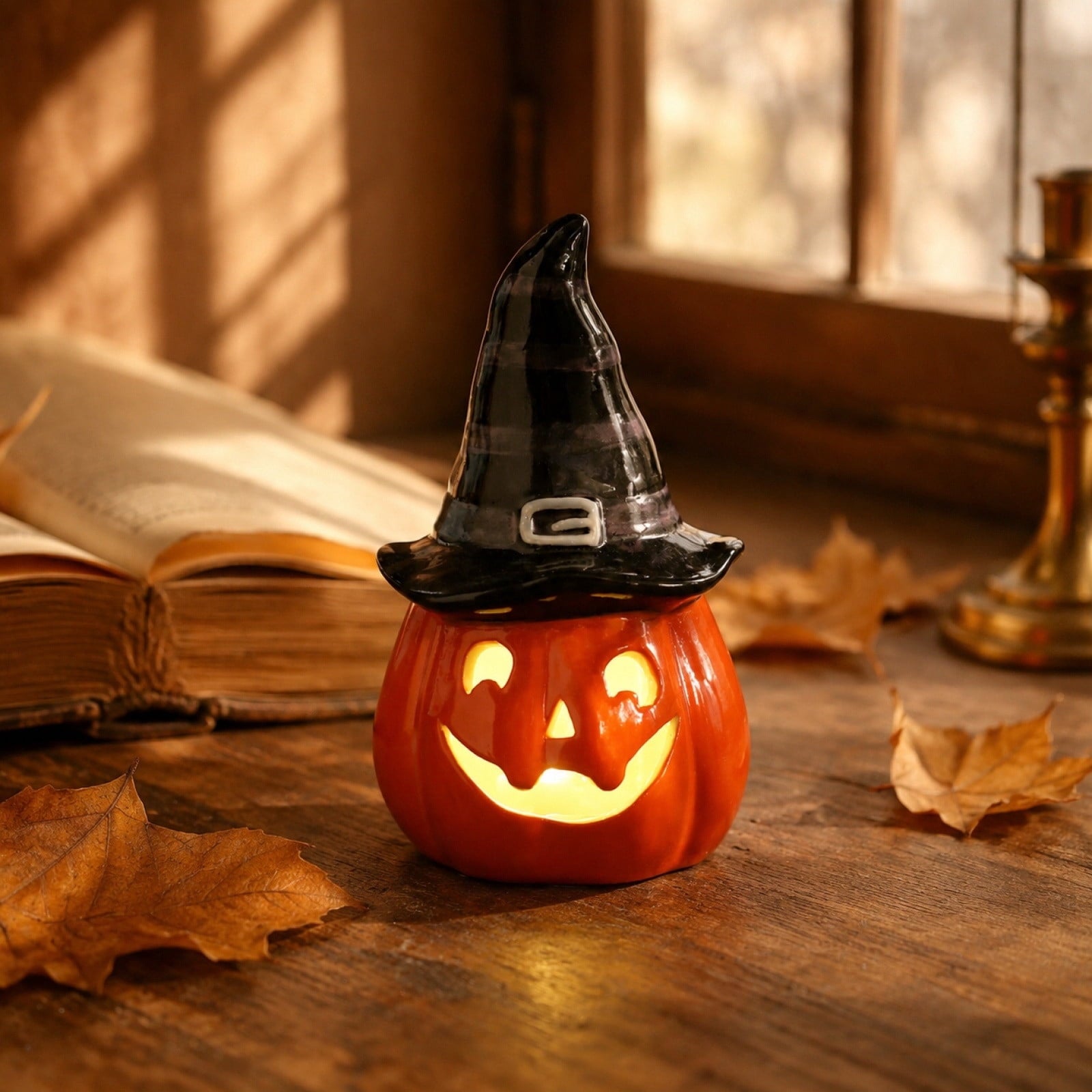 Halloween Ceramic Pumpkin Night Light 4.9 in Witch Hat Light Up Figurine, Hollow LED Tabletop Decor for Mantel Shelf Desk