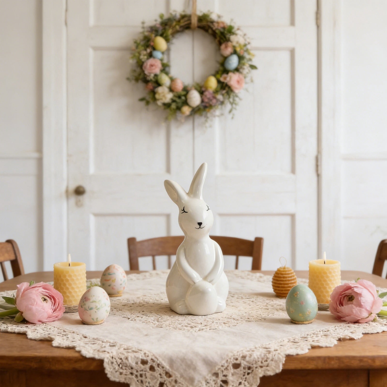 Ceramic Easter Bunny Figurine with Egg, White Spring Home Decor for Tabletop, Cute Rabbit Ornament for Holiday Shelf Decorations