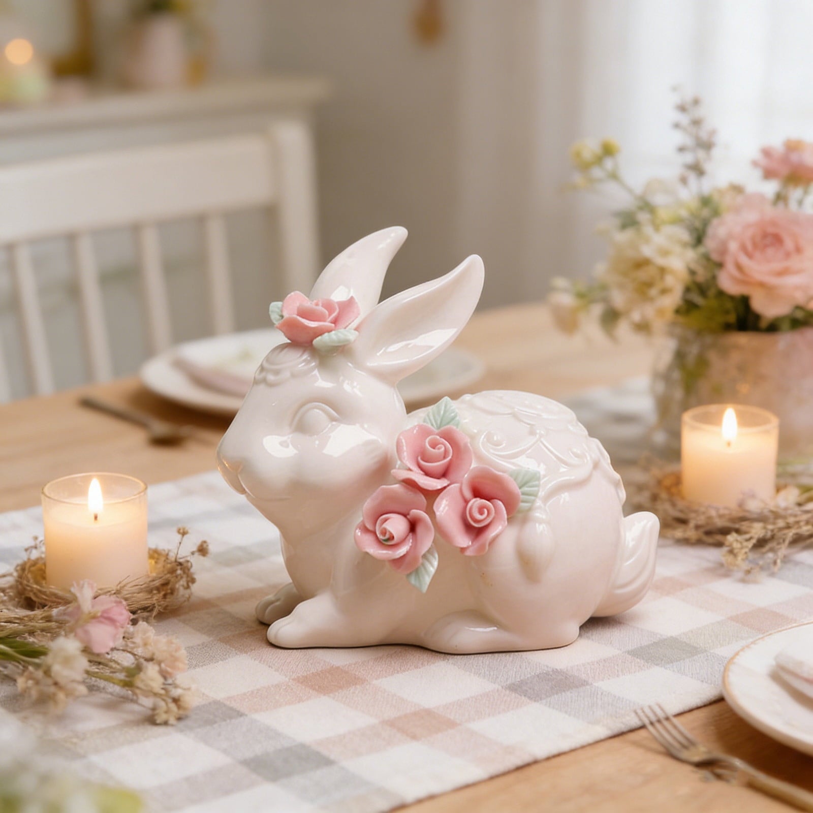 Easter Decorations Ceramic Bunny Figurine, White Rabbit Ornament for Spring Home Accent, Cute Shelf Decor for Living Room Tabletop Centerpiece