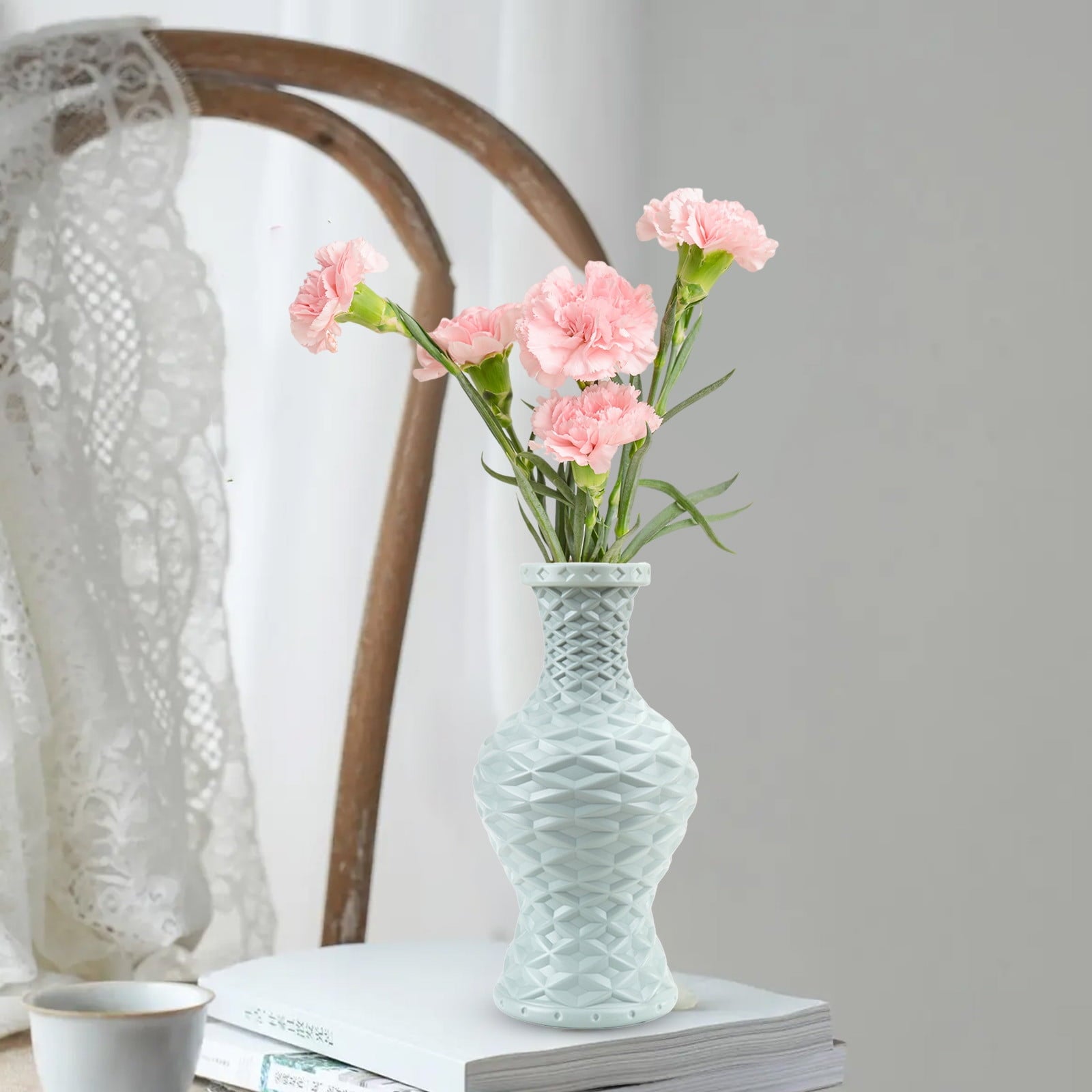 Plastic Flower Vase with Imitation Glazed Finish, 11 Inch Shatterproof Decorative Centerpiece for TV Cabinet and Living Room Styling