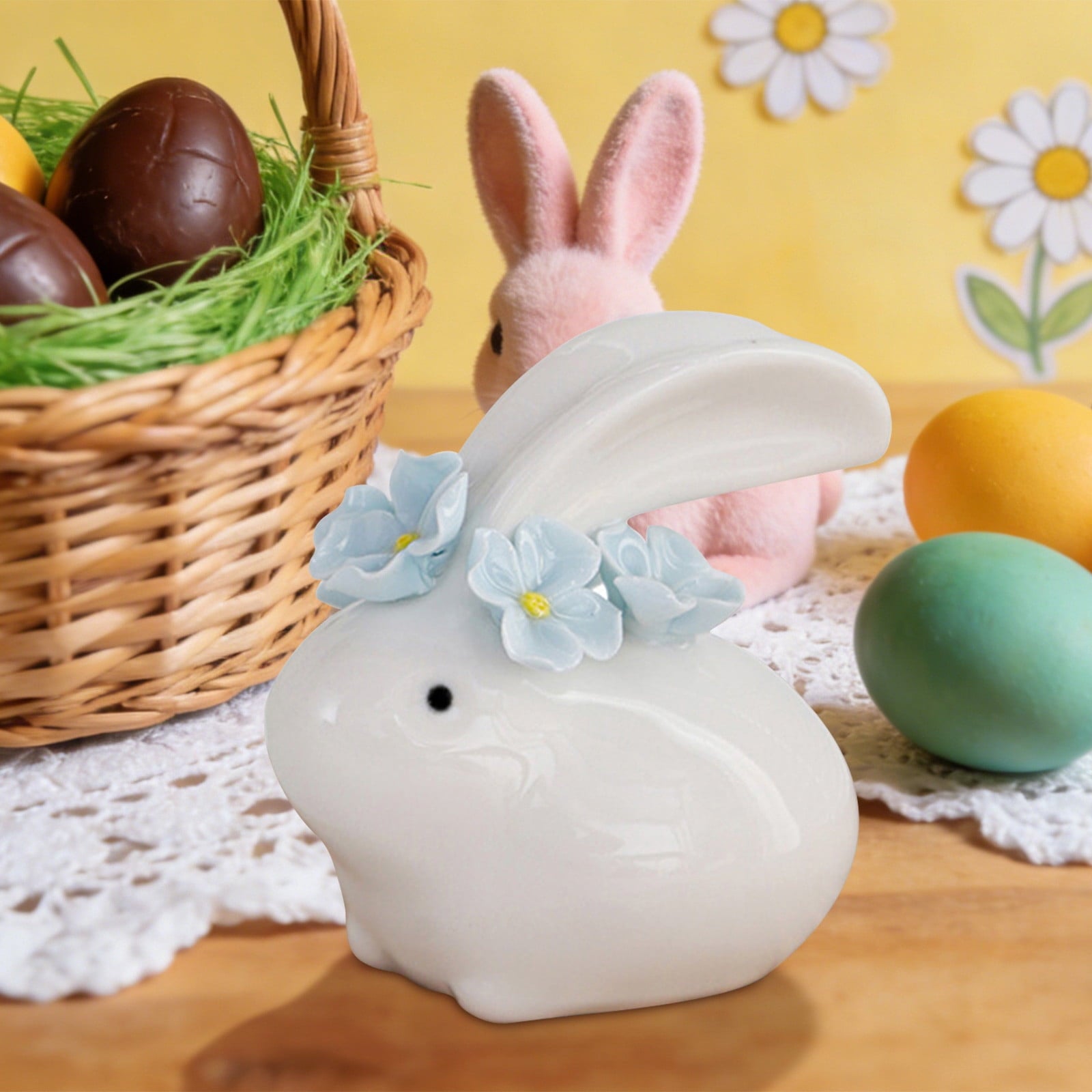 Easter Decorations Ceramic Bunny Figurine, White Rabbit Ornament for Spring Home Accent, Cute Shelf Decor for Living Room Tabletop Centerpiece