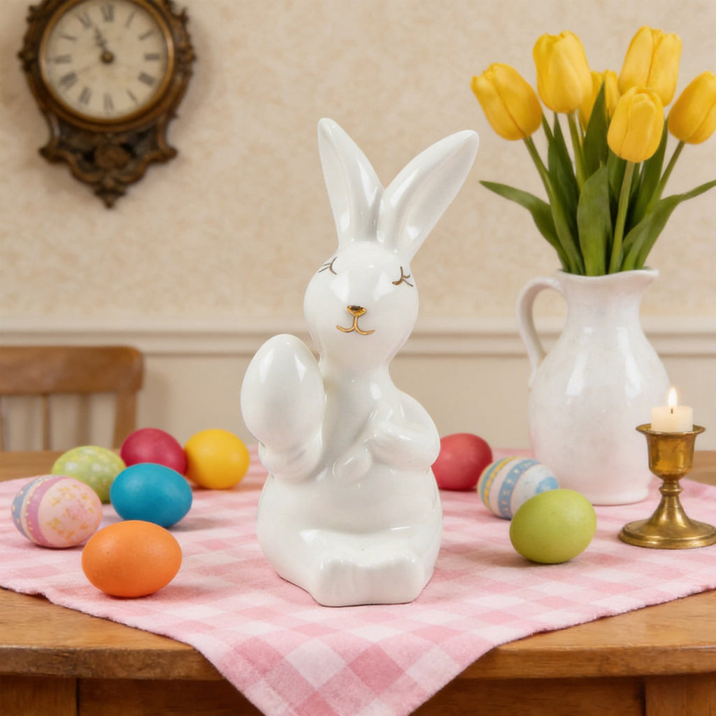 Ceramic Easter Bunny Figurine with Egg, White Spring Home Decor for Tabletop, Cute Rabbit Ornament for Holiday Shelf Decorations