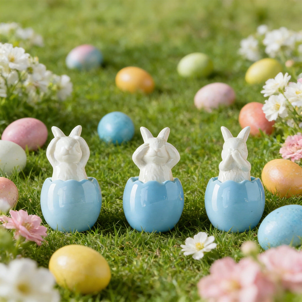 Blue Ceramic Bunny Figurine, Easter Decorations for Home, Spring Rabbit Statue for Table Mantel Shelf, Cute Pastel Easter Gift