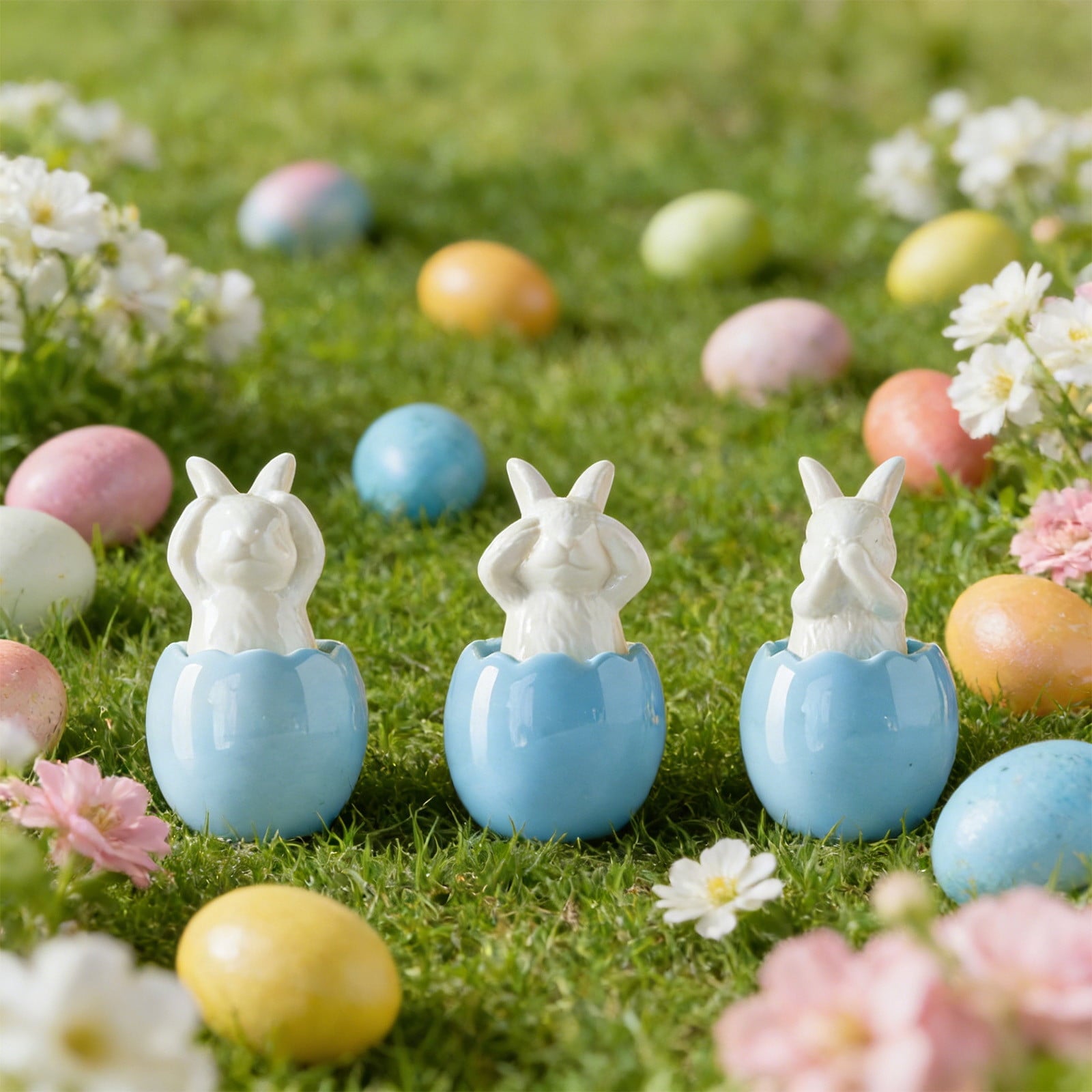Blue Ceramic Bunny Figurine, Easter Decorations for Home, Spring Rabbit Statue for Table Mantel Shelf, Cute Pastel Easter Gift