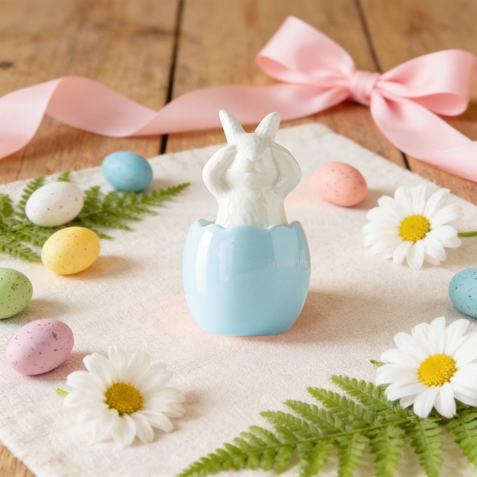 Blue Ceramic Bunny Figurine, Easter Decorations for Home, Spring Rabbit Statue for Table Mantel Shelf, Cute Pastel Easter Gift