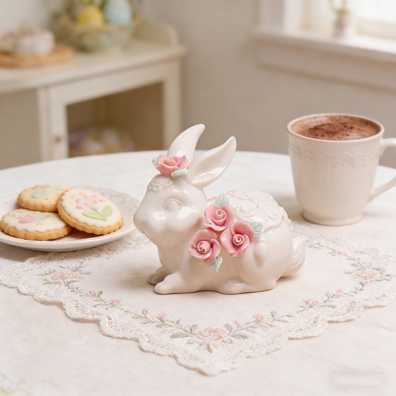 Easter Decorations Ceramic Bunny Figurine, White Rabbit Ornament for Spring Home Accent, Cute Shelf Decor for Living Room Tabletop Centerpiece