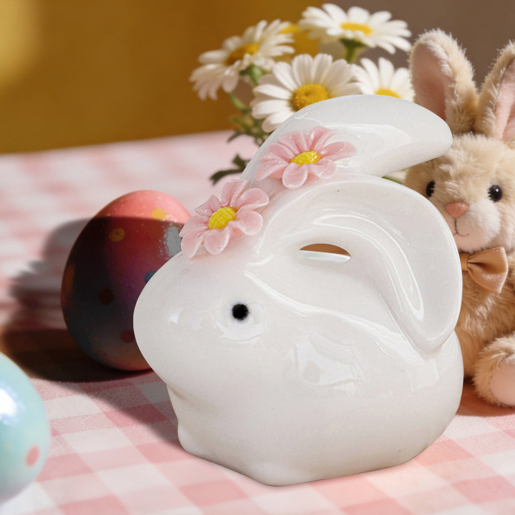 Easter Decorations Ceramic Bunny Figurine, White Rabbit Ornament for Spring Home Accent, Cute Shelf Decor for Living Room Tabletop Centerpiece