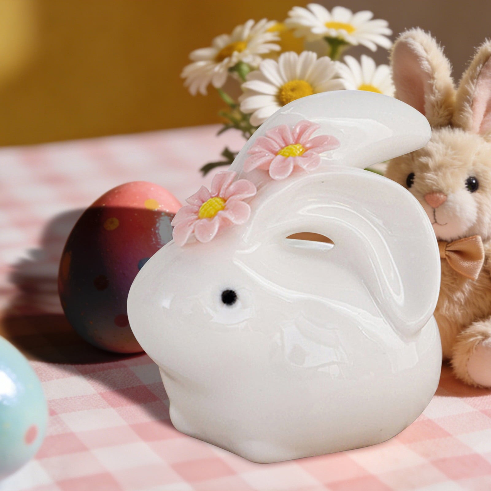 Easter Decorations Ceramic Bunny Figurine, White Rabbit Ornament for Spring Home Accent, Cute Shelf Decor for Living Room Tabletop Centerpiece