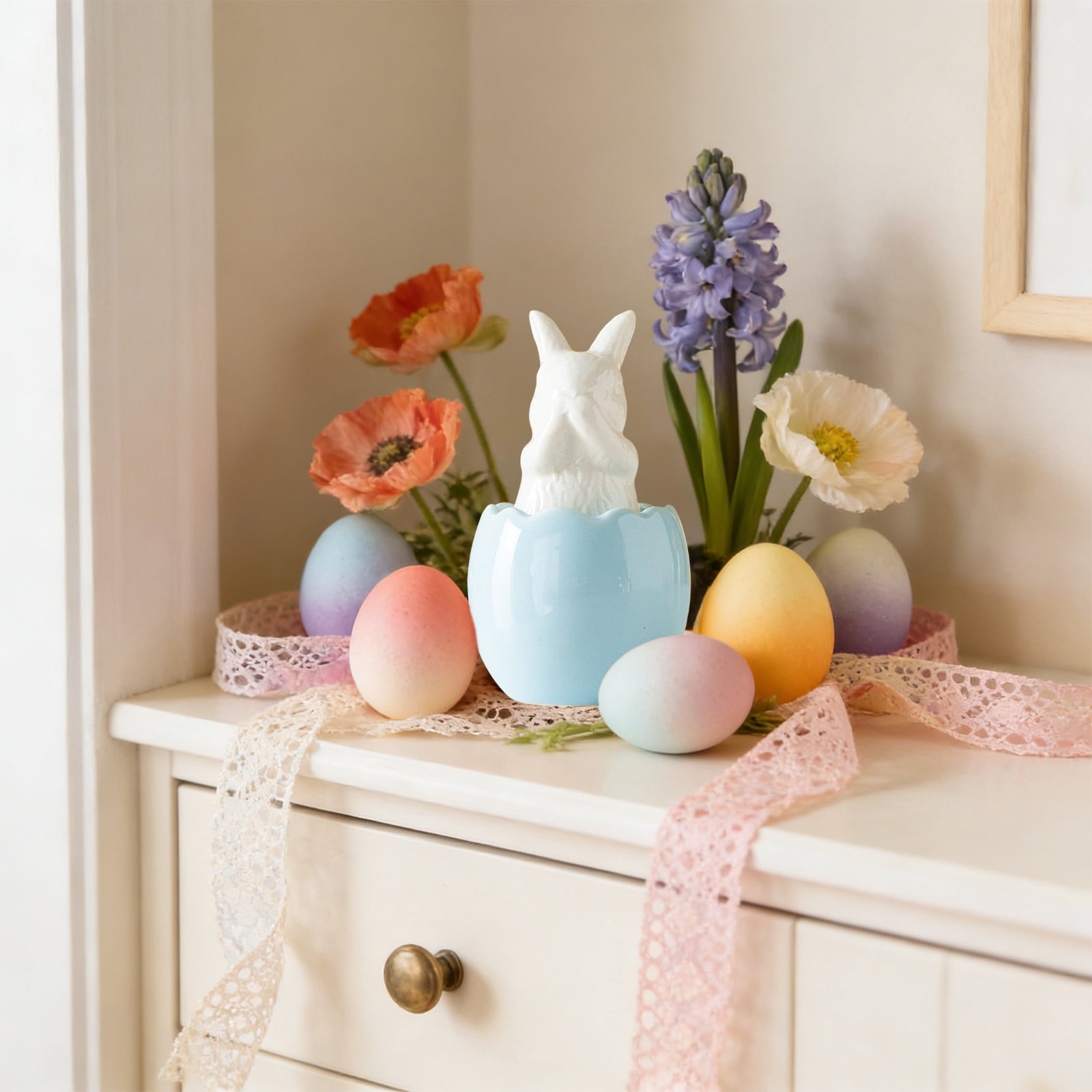 Blue Ceramic Bunny Figurine, Easter Decorations for Home, Spring Rabbit Statue for Table Mantel Shelf, Cute Pastel Easter Gift