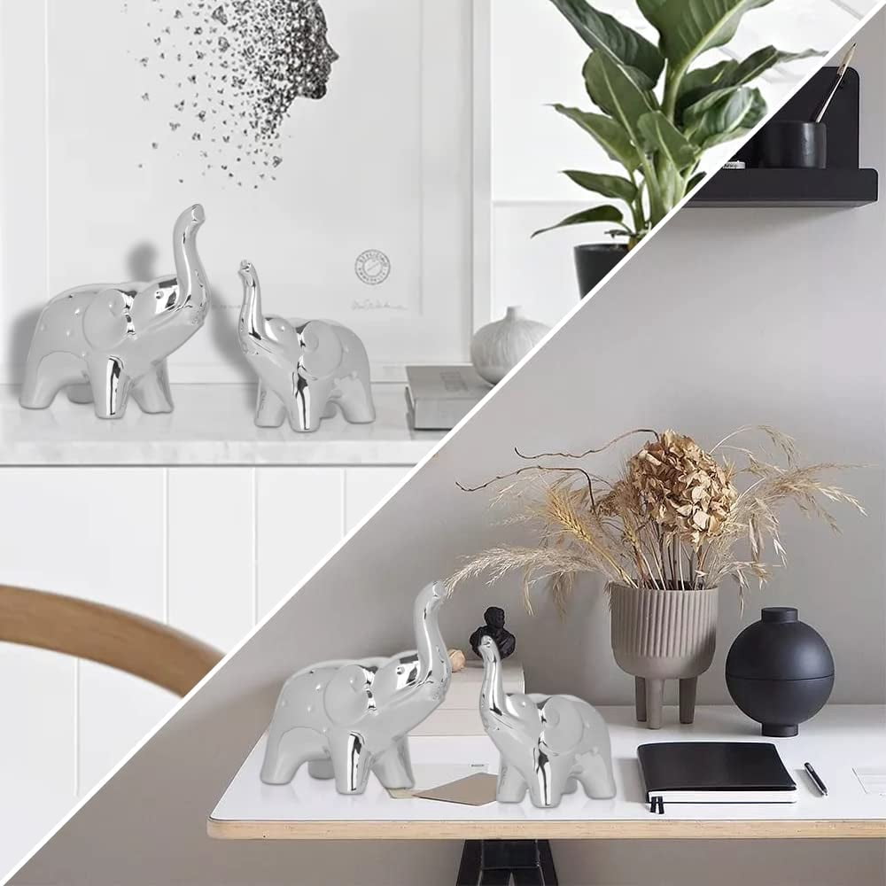 A Pair Elephant Statue Home Decor,Sculpture for Office Desktop Bookshelf (Ceramics Silver)