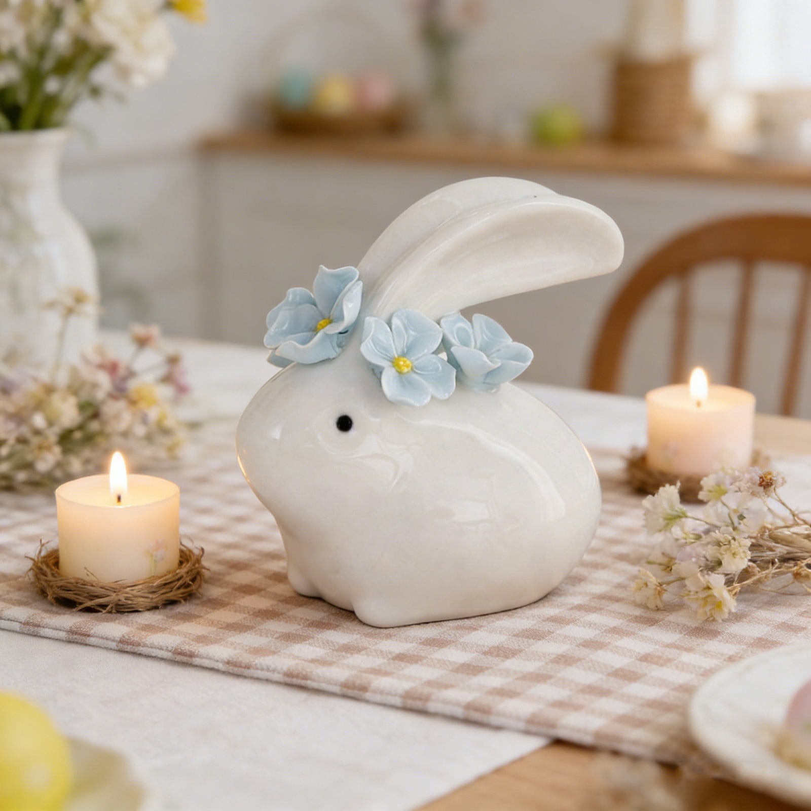 Easter Decorations Ceramic Bunny Figurine, White Rabbit Ornament for Spring Home Accent, Cute Shelf Decor for Living Room Tabletop Centerpiece