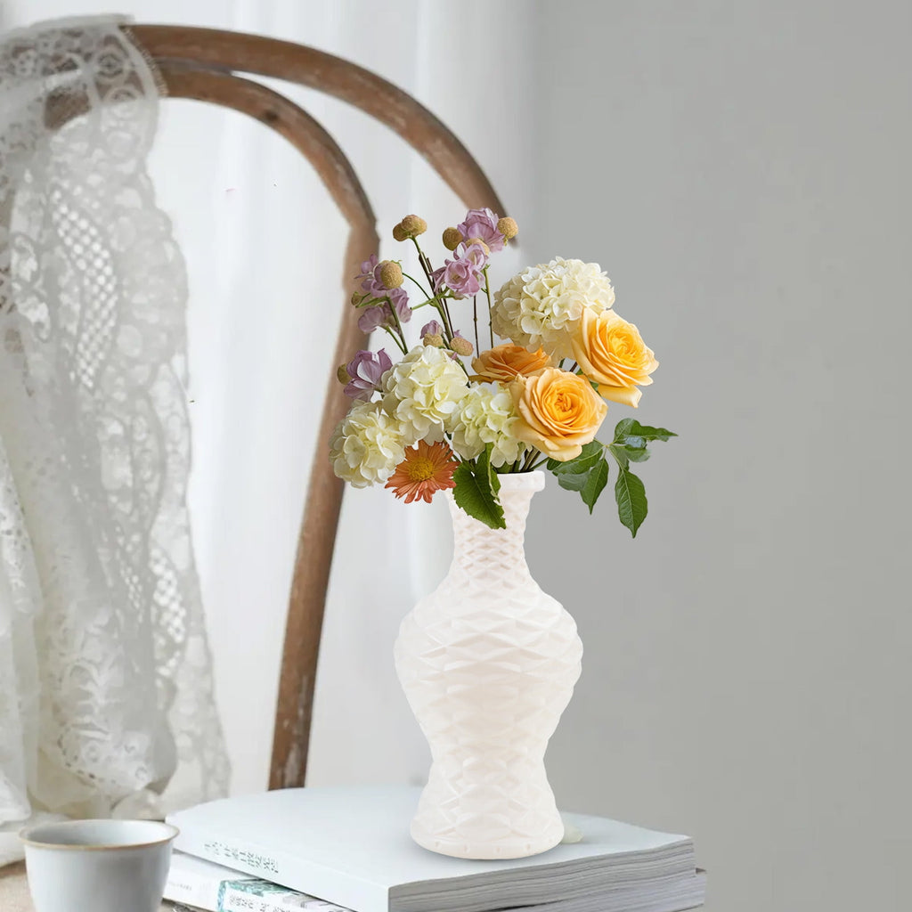 Plastic Flower Vase with Imitation Glazed Finish, 11 Inch Shatterproof Decorative Centerpiece for TV Cabinet and Living Room Styling